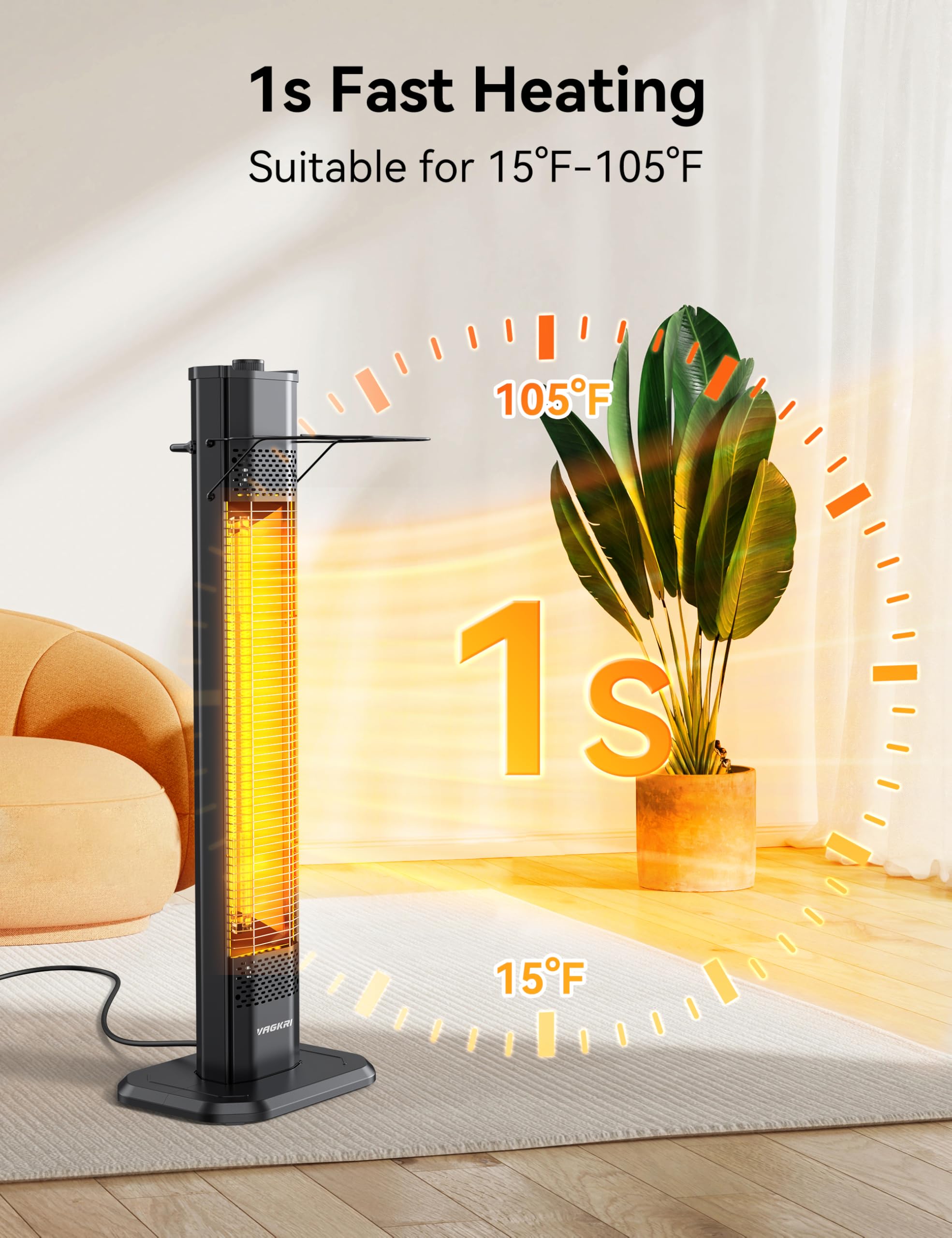 VAGKRI 1500W 36-inch Outdoor Infrared Electric Heater with 3 Heat Settings - Tip-Over & Overheat Protection, IPX5 Waterproof Tower Space Heater for Patio, Backyard, Garage, Restaurant & Home Use - Perfect for Winter Warmth and Outdoor Gatherings