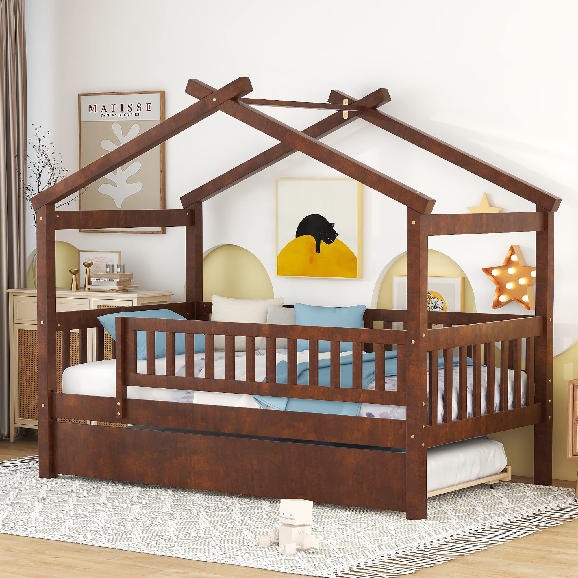 Montessori Twin Size House Bed with Trundle & Safety Railings - Wooden Playhouse Bed Frame for Kids, Girls & Boys (Walnut Finish) - Perfect for Bedrooms, Playrooms & Montessori Learning Spaces