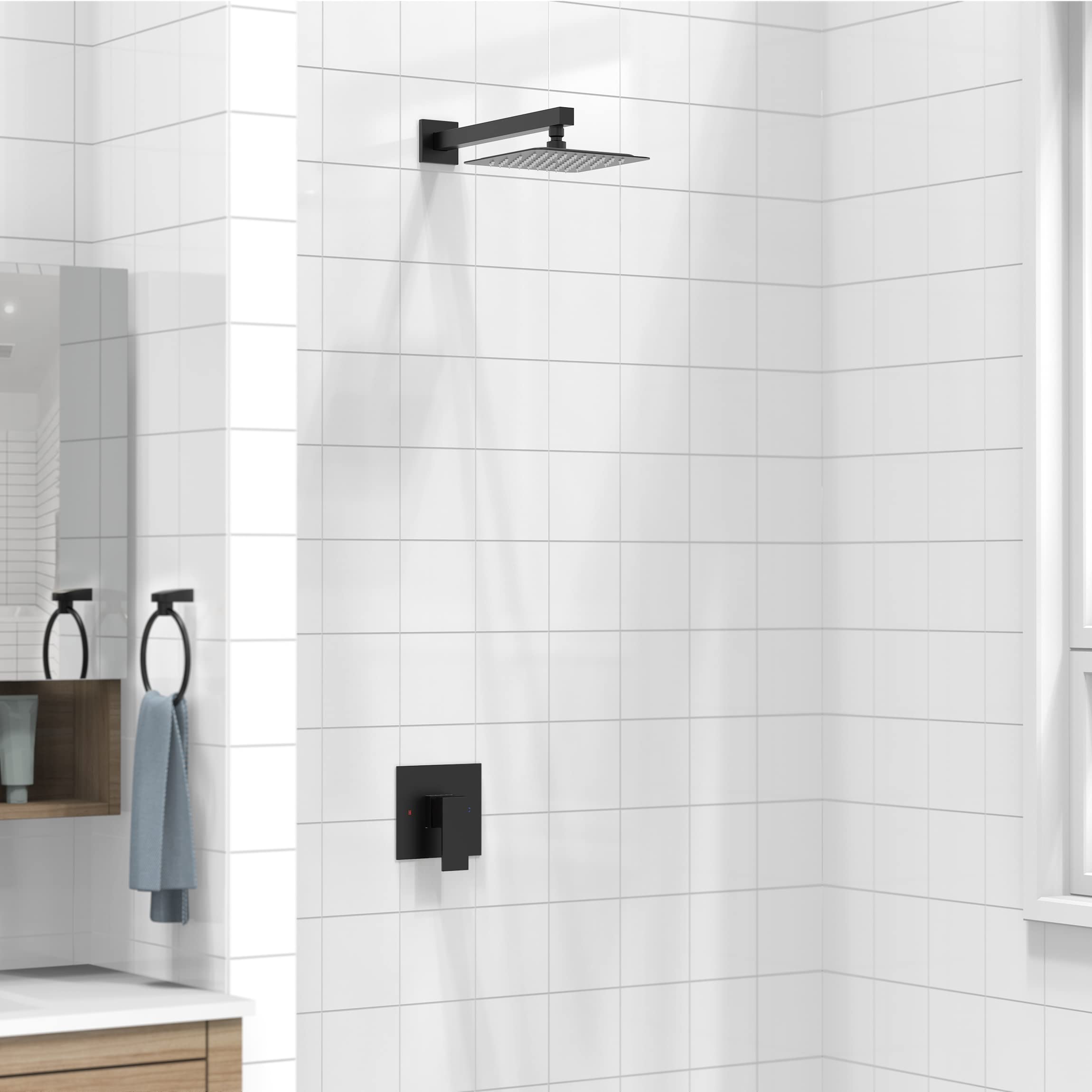 SunCleanse Matte Black Shower Faucet Set with Valve - 8 Inch Square Rainfall Shower Head & Single Handle Trim Kit | Includes Extra Long Shower Arm | Perfect for Modern Bathroom Renovations & Spa-Like Shower Experience