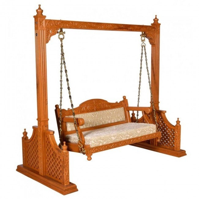 Hand Carved Jali Design Swing Daybed in Honey Brown - Perfect for Outdoor Patio, Garden, or Porch Relaxation