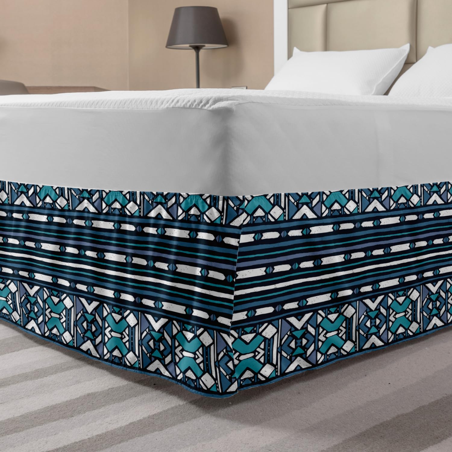 Ambesonne Aztec Elastic Bed Skirt - King Size Dark Turquoise Seafoam | Prehistoric Geometric Pattern Wrap Around Dust Ruffle | Perfect for Modern & Bohemian Bedroom Decor