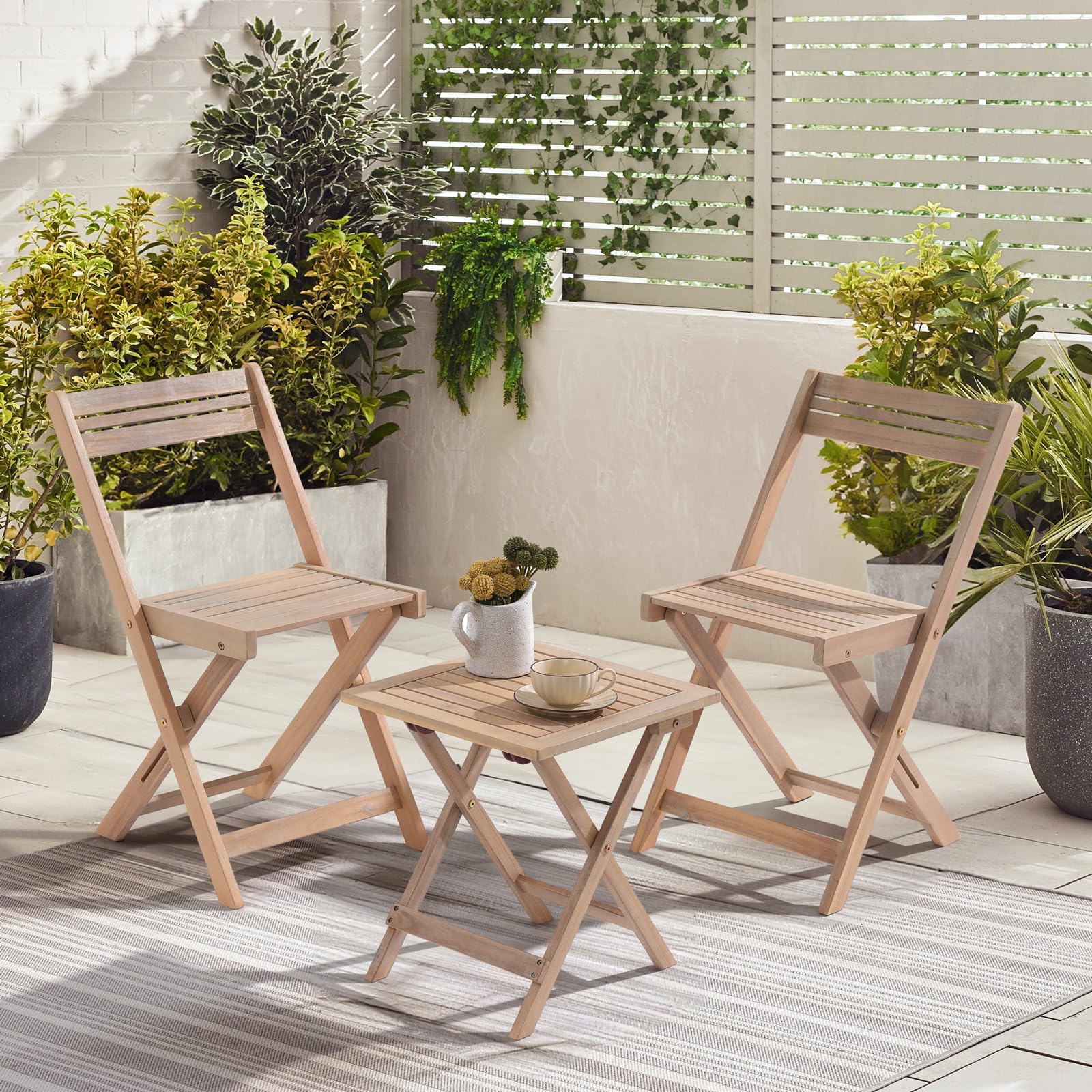 **SUNSITT 3-Piece Acacia Wood Outdoor Bistro Set – Folding Patio Chairs & Square Table for Balcony, Porch, Garden – Perfect for Dining, Relaxing, and Entertaining**