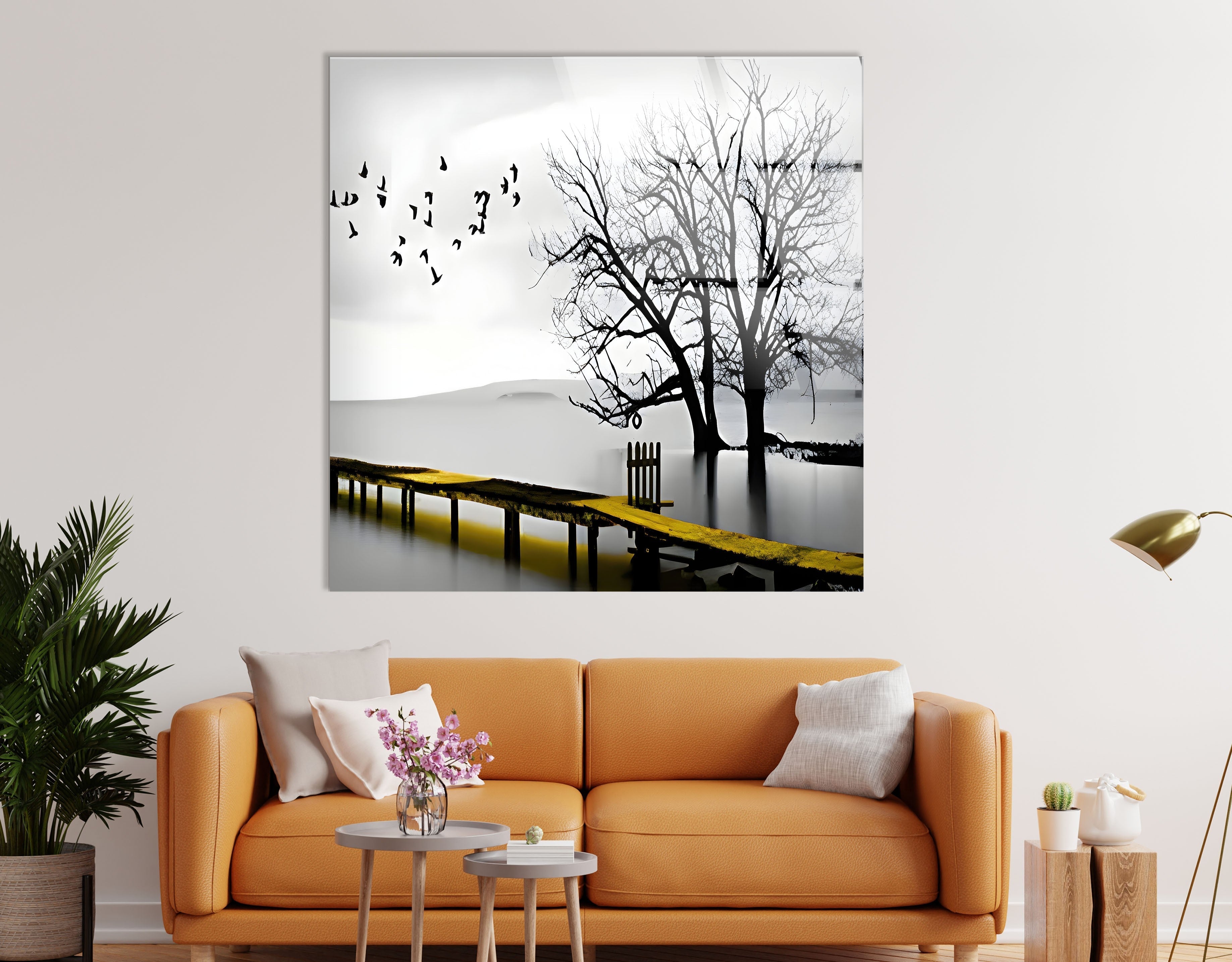 Black and White Dock & Birds Glass Wall Art - Elegant Coastal Decor for Living Room, Bedroom, or Office
