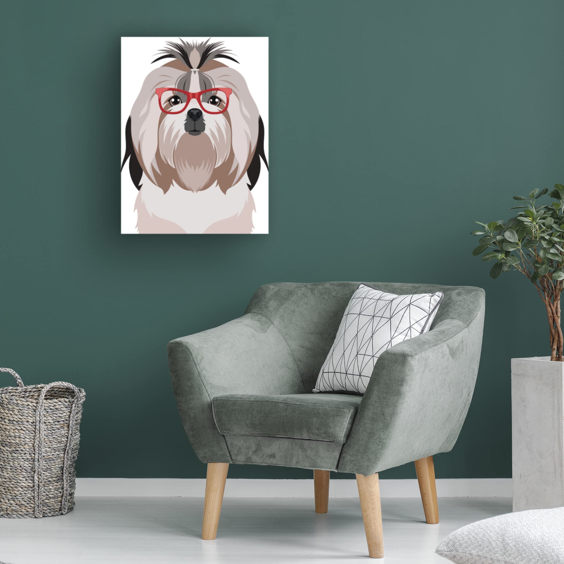 Shih Tzu Wearing Hipster Glasses Canvas Wall Art - Modern Pet Portrait Painting for Living Room, Bedroom & Office Decor - Funny Dog Gift for Pet Lovers