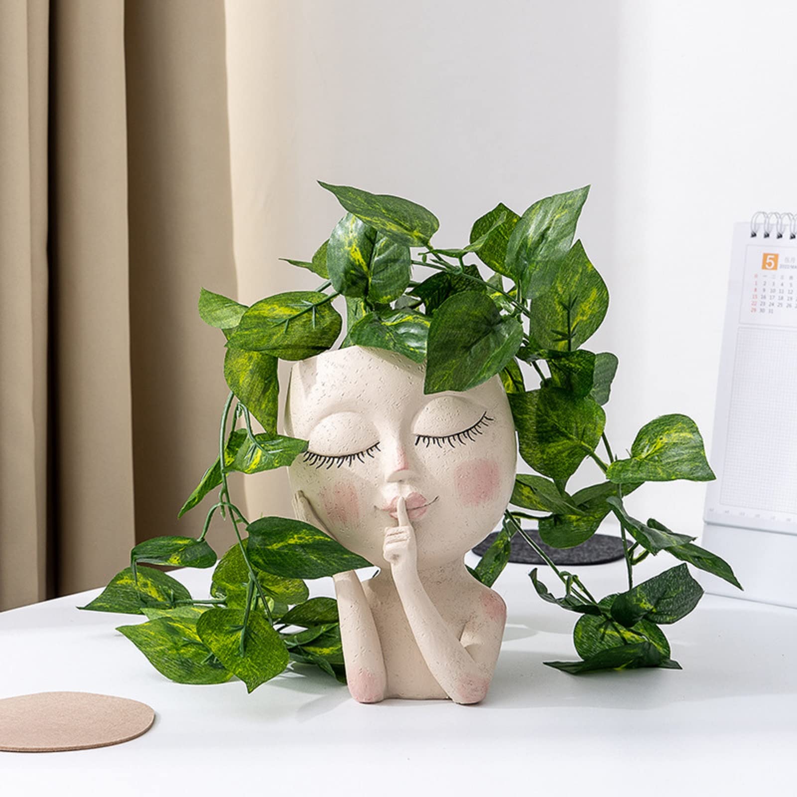 Cute Resin Head Planter with Drainage Hole - Unique Lady Face Flower Pot for Indoor Plants (4.72'' W x 6.77'' H) - Perfect for Home Decor, Office Desk & Gift Ideas