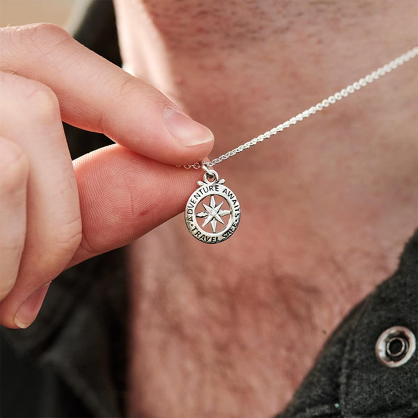 YDD 14k White Gold Plated 925 Sterling Silver Compass Necklace for Men & Women - Diamond Accent Travel Jewelry - Perfect Graduation & Christmas Gift (18+2'') - Ideal for Outdoor Adventures, Travel Enthusiasts & Special Occasions