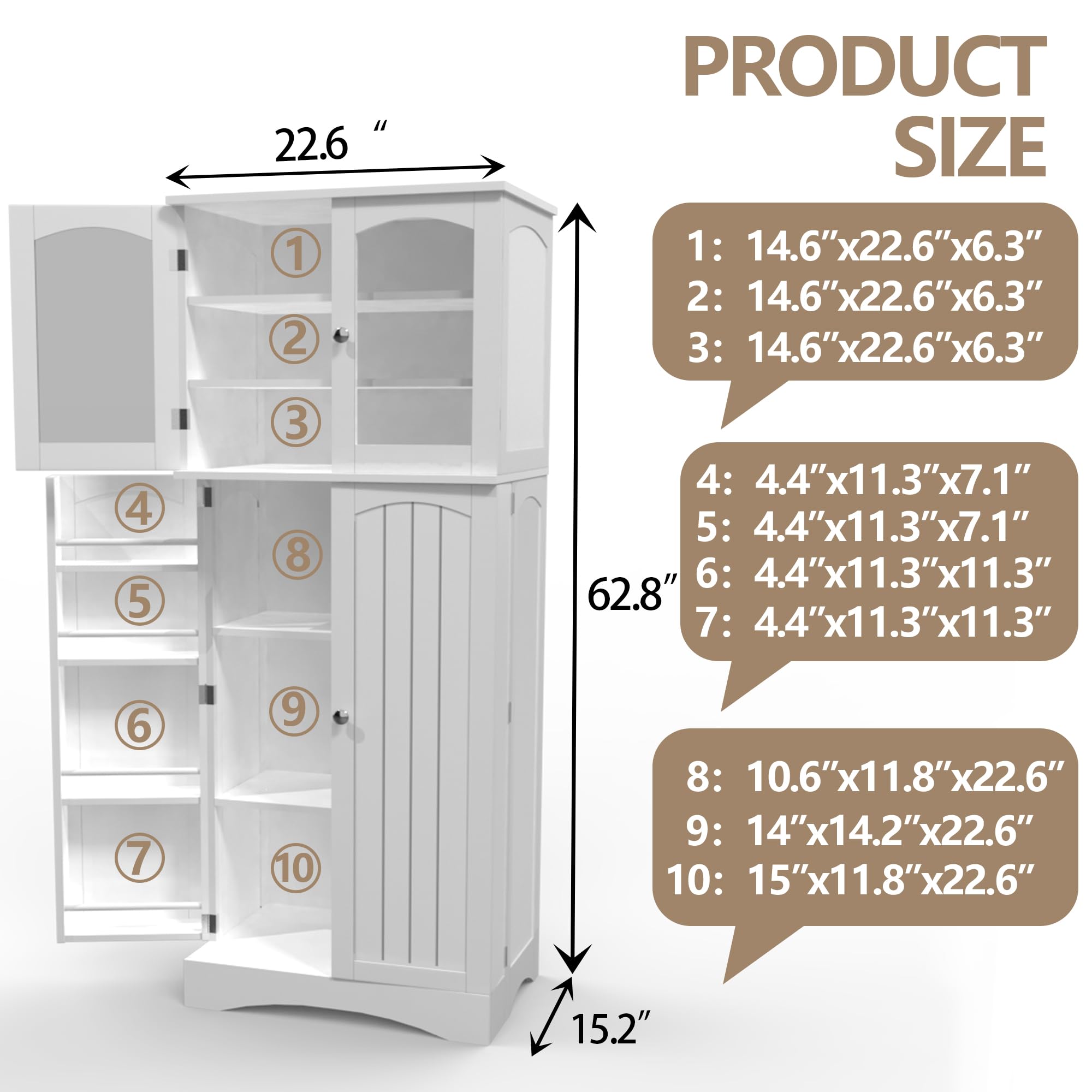 White Kitchen Pantry Cabinet with Glass Doors & Adjustable Shelves - Freestanding Tall Food Storage Cabinet for Kitchen, Living Room, Dining Room - Perfect for Organizing Dry Goods, Dishes & Home Decor