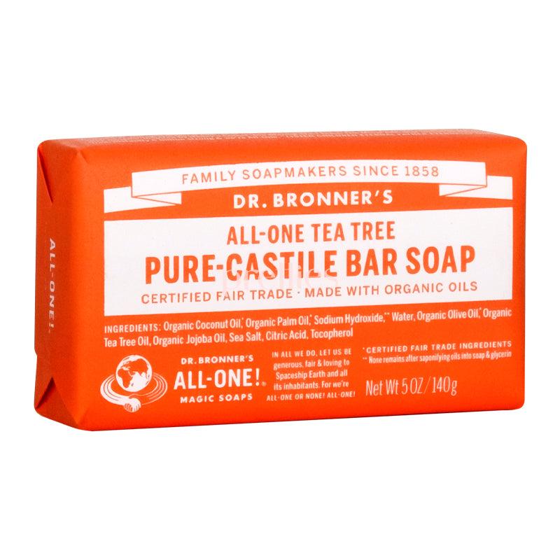 Dr. Bronner's Organic Tea Tree Bar Soap 140g - All-in-One Cleanser for Face, Body & Hair | Natural Vegan Soap for Acne, Oily Skin & Daily Use - Perfect for Travel & Gym