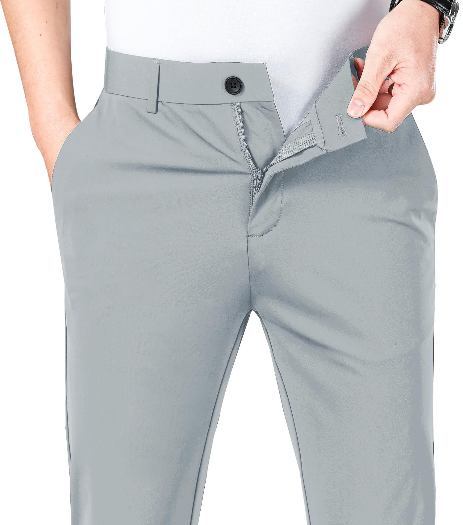 LUSHENUNI Men's Slim Fit Golf Pants - High Stretch Ice Silk Dress Pants with Expandable Waist for Comfort & Performance | Perfect for Golfing, Office Wear & Casual Outings