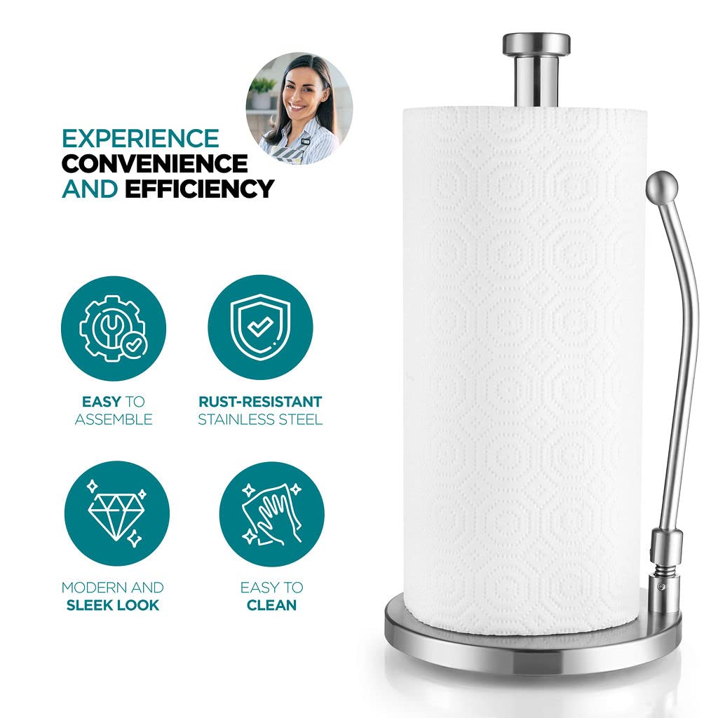 Sagler Stainless Steel Paper Towel Holder - Adjustable Spring Arm & Weighted Base Standing Dispenser for Kitchen, Bathroom, Office | Durable & Space-Saving Design for Countertops & Cabinets