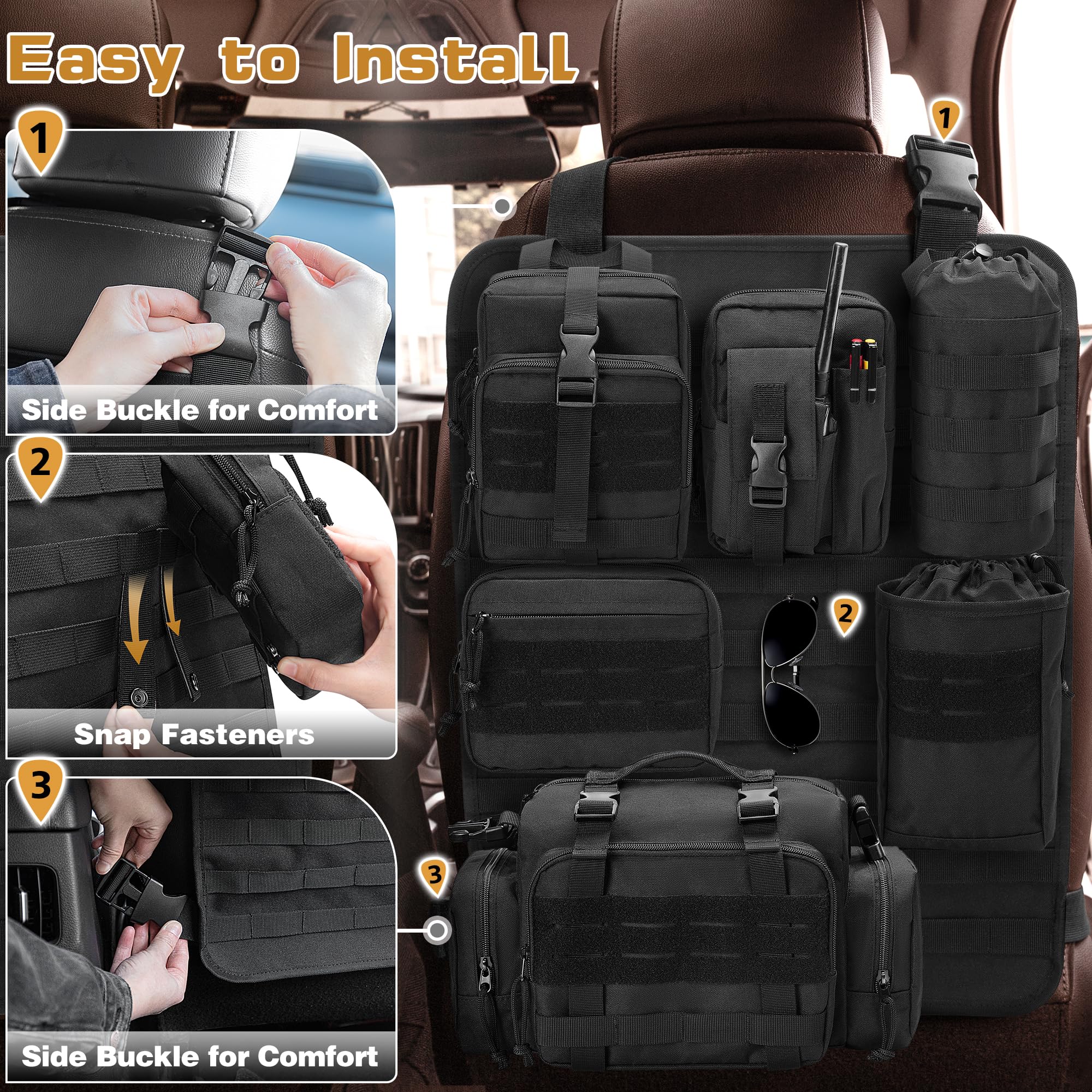 Tactical Seat Back Organizer - Universal Car Seat Cover with 6 Molle Pouches for Truck, SUV, Pickup | Durable Storage Bag for Tactical Gear & Accessories | Perfect for Road Trips, Camping & Outdoor Adventures