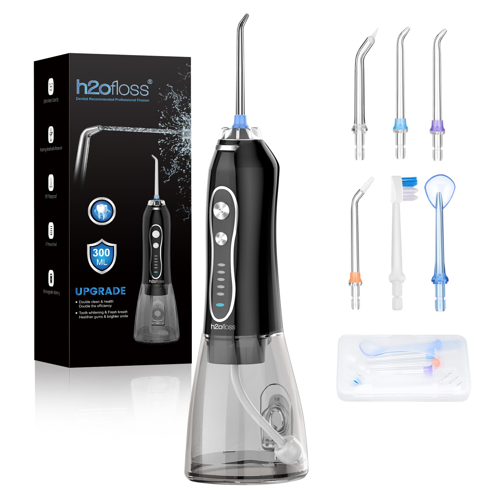 H2ofloss Portable Water Dental Flosser - Rechargeable Cordless Oral Irrigator with 300ml Tank, 5 Cleaning Modes & IPX7 Waterproof for Teeth Cleaning - Perfect for Home, Travel & Orthodontic Care