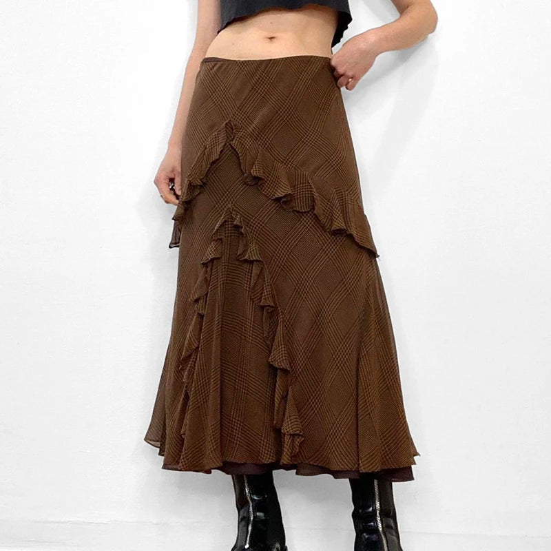 Elegant Asymmetrical Brown Boho Long Skirt - Vintage Chiffon Ruffles Stitched Plaid Skirt for Women | Perfect for Autumn Parties, Weddings & Boho Fashion Outfits