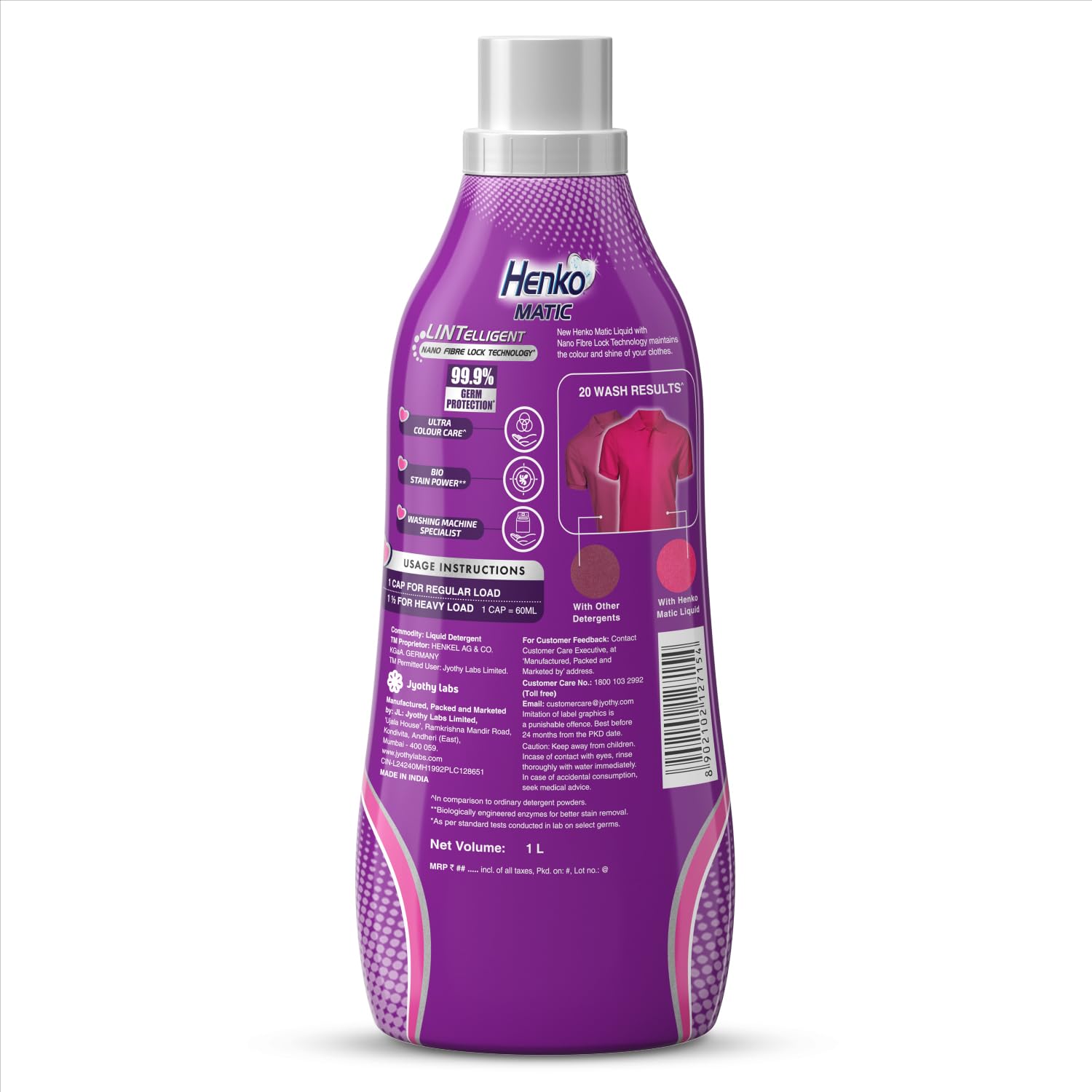 Henko Matic Top Load Liquid Laundry Detergent - 1L with Nano Fiber Lock Technology | 99.9% Germ Protection | Bio Stain Remover | Color Safe Formula for Bright & Long-Lasting Clothes | Ideal for Top-Loading Washing Machines, Family Laundry & Tough Stain Removal