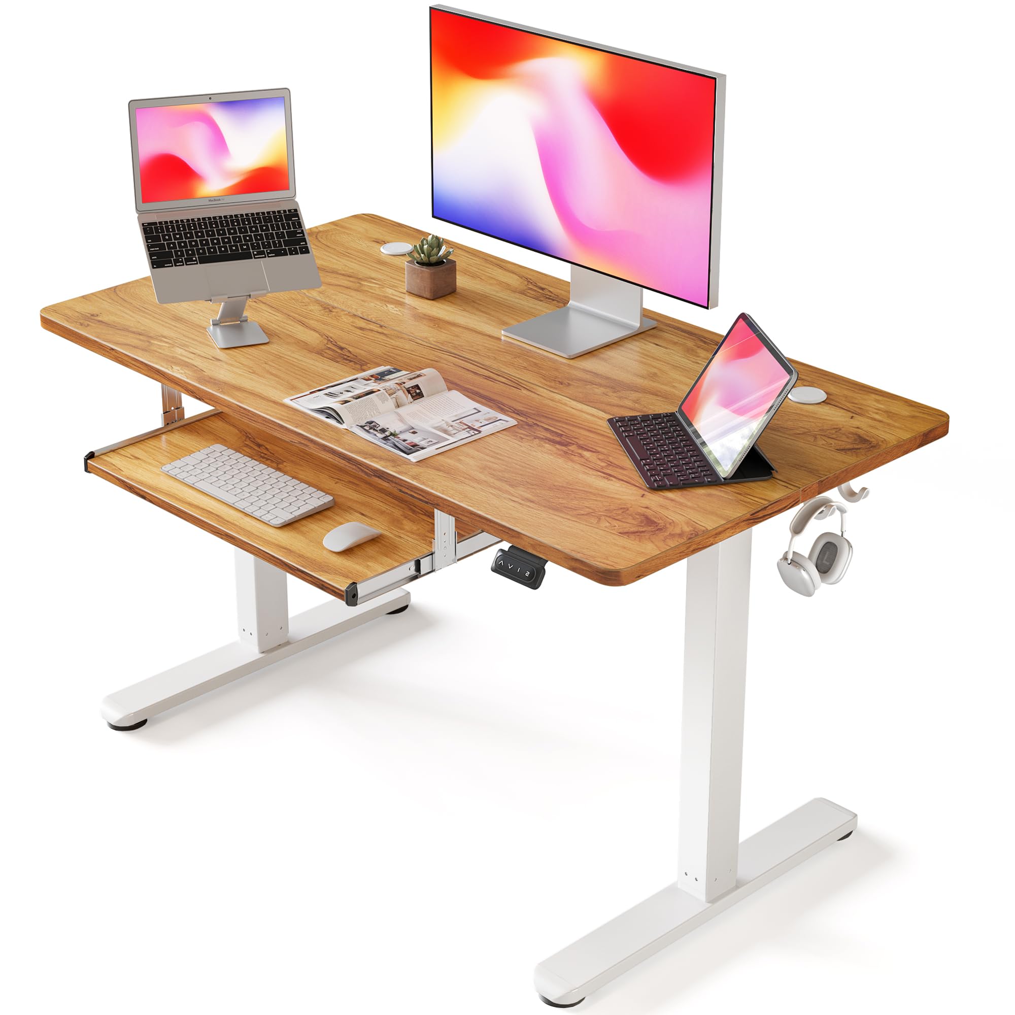 FEZIBO 40 × 24 Inches Electric Height Adjustable Standing Desk with Keyboard Tray - Sit Stand Office Desk for Home & Workspace, Light Rustic Finish - Perfect for Remote Work, Gaming & Ergonomic Computing Setup