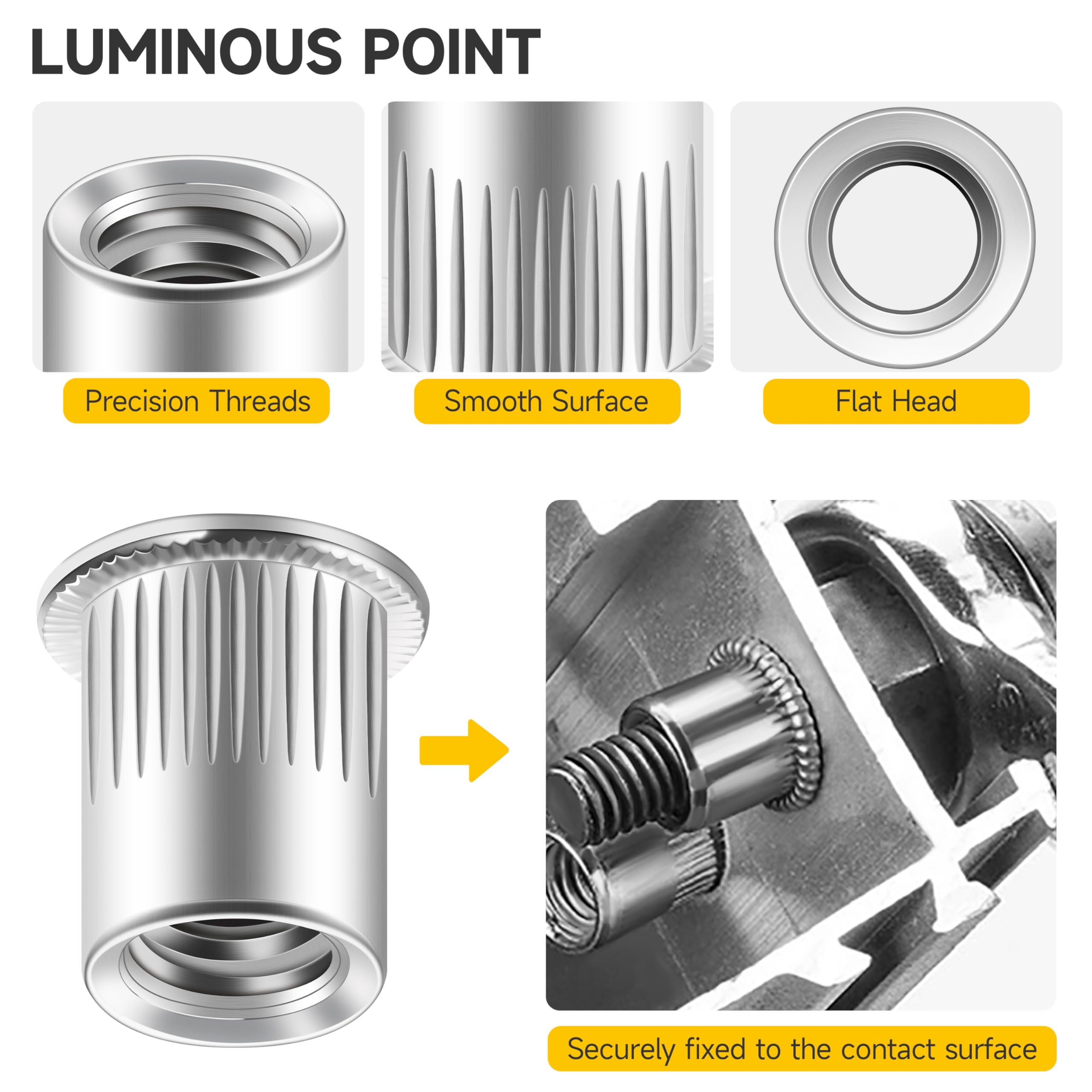 50Pcs 3/8-16 Rivet Nuts, 304 Stainless Steel Flat Head Threaded Inserts - Knurled Body for Secure Metal Fastening - Perfect for Automotive, Furniture & DIY Projects
