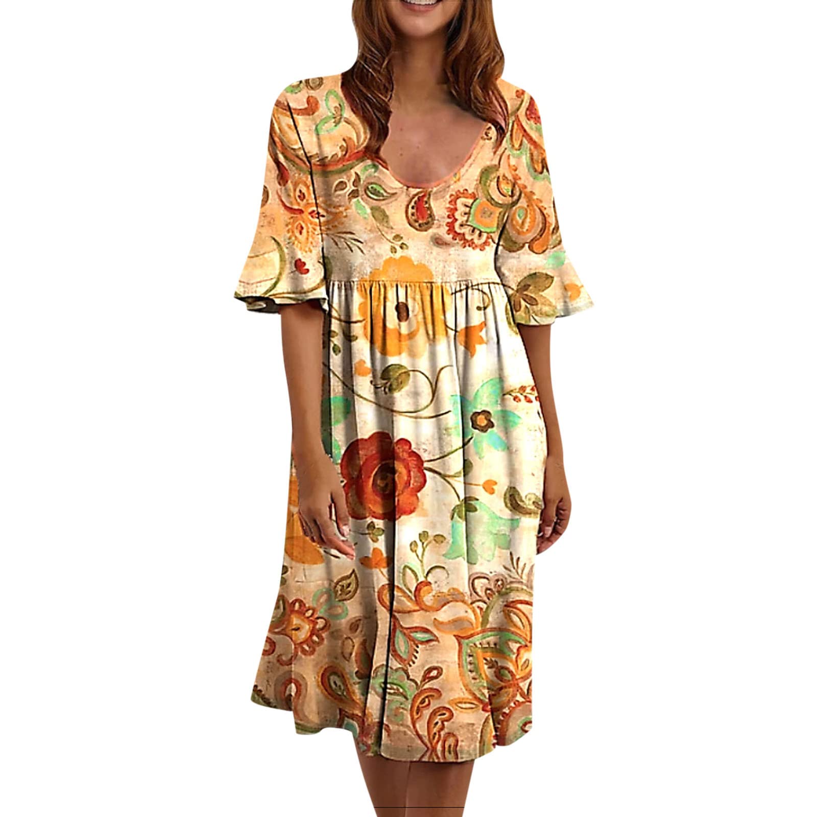Women's Casual Summer Dresses - Loose Pleated Midi Dress with Pockets, Short Sleeve Flowy Tunic Dress for Women | Perfect for Beach, Vacation, Office & Everyday Wear