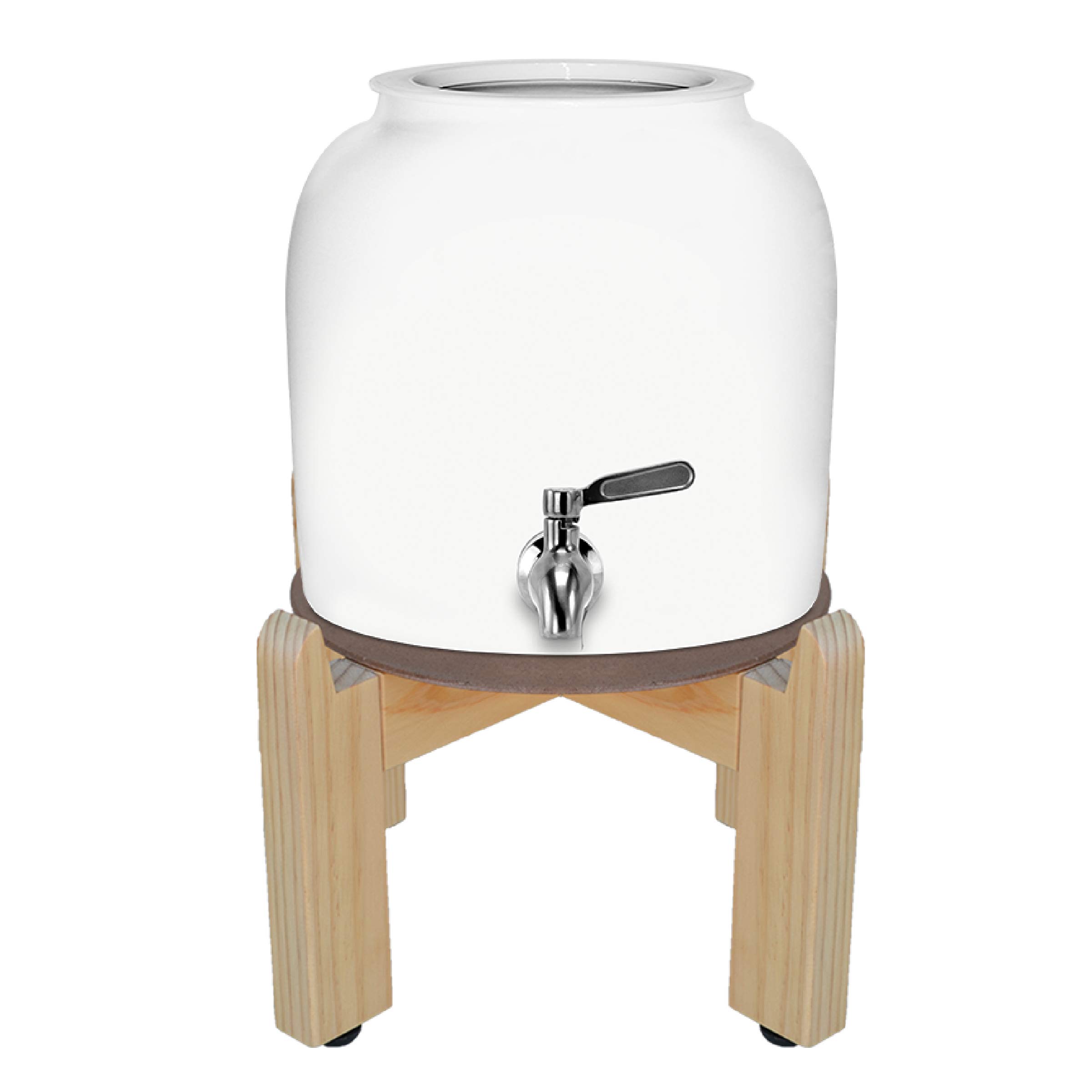 Geo Sports 8-Inch Porcelain Ceramic Water Dispenser with Wood Stand & Stainless Steel Faucet - 3 to 5 Gallon Jug Compatible - White - Perfect for Office, Kitchen, or Outdoor Use