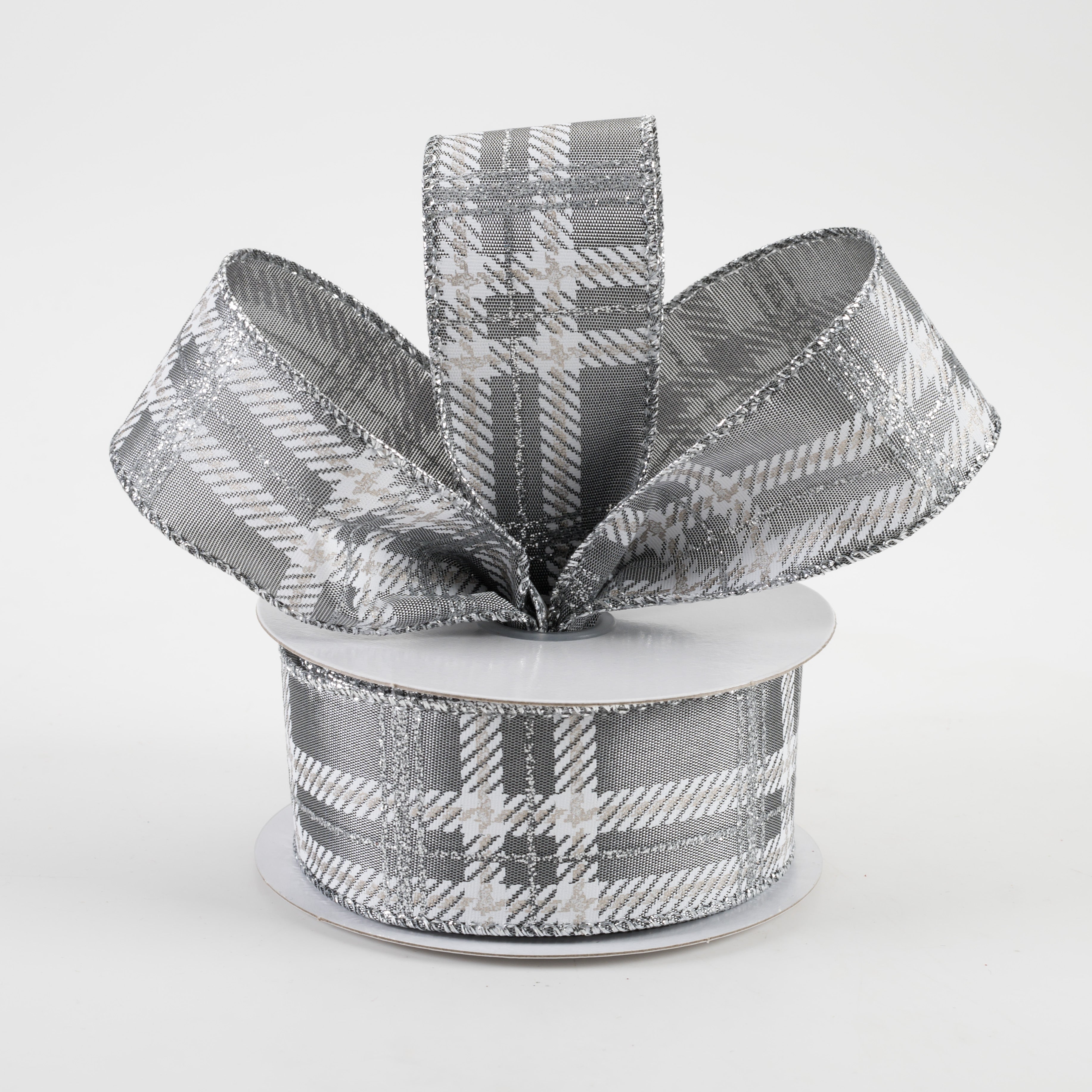 1.5 Inch Plaid Print Ribbon - Grey Satin, White & Silver Glitter Ribbon for Gift Wrapping, Crafts & DIY Projects (10 Yards)