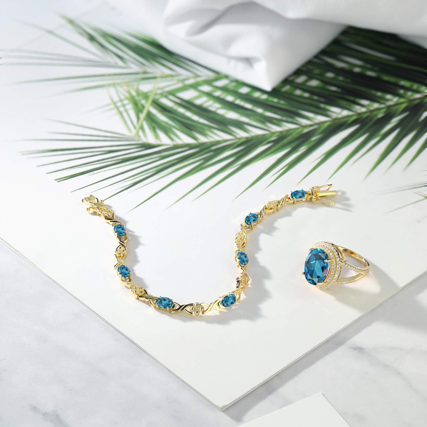 12.14 Ct Oval London Blue Topaz 18K Gold Plated Silver Ring & Bracelet Set for Women | Elegant Jewelry Gift for Anniversary, Birthday & Special Occasions