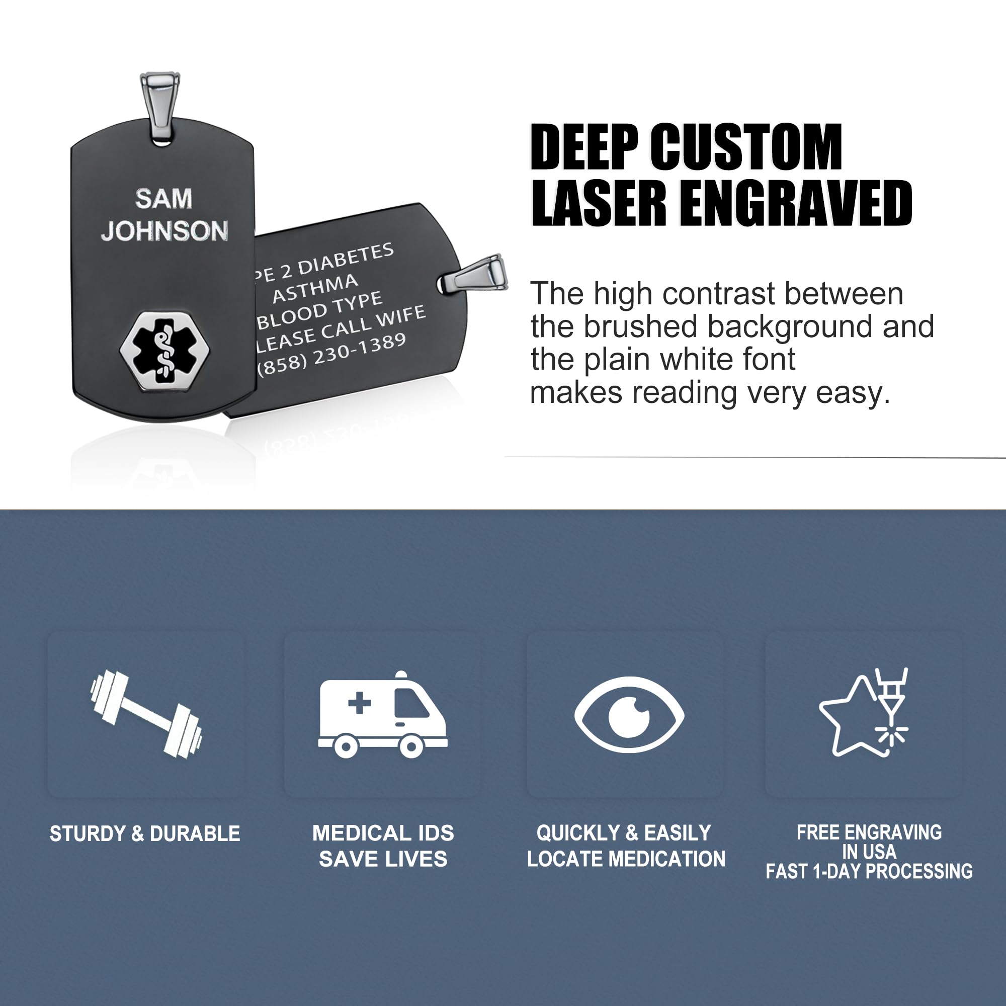 Divoti Custom Engraved Medical Alert Necklace for Men - Stylish Black & Silver Medical ID Jewelry for Emergency Health Conditions - Perfect for Daily Wear, Travel & Outdoor Activities