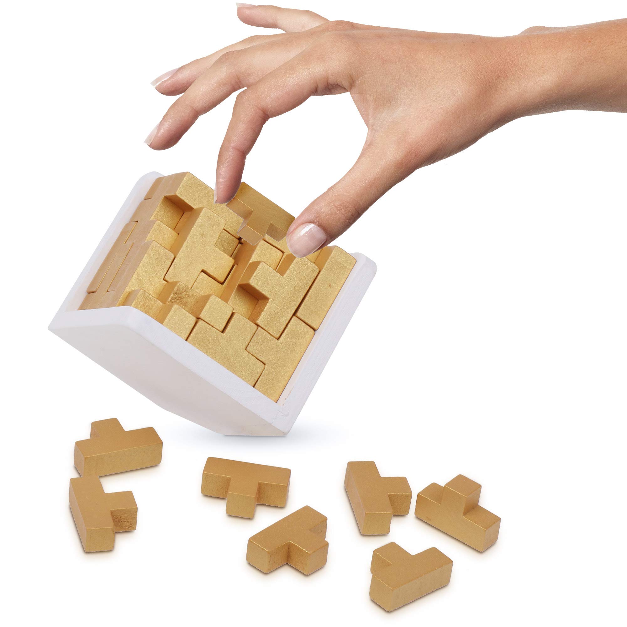 Original 3D Wooden Brain Teaser Puzzle for Kids & Adults - Challenging Logic Game, Educational STEM Toy, Stress Relief Desk Decor - Perfect for Family Game Night, Office Break & Gift Giving (Golden Edition)