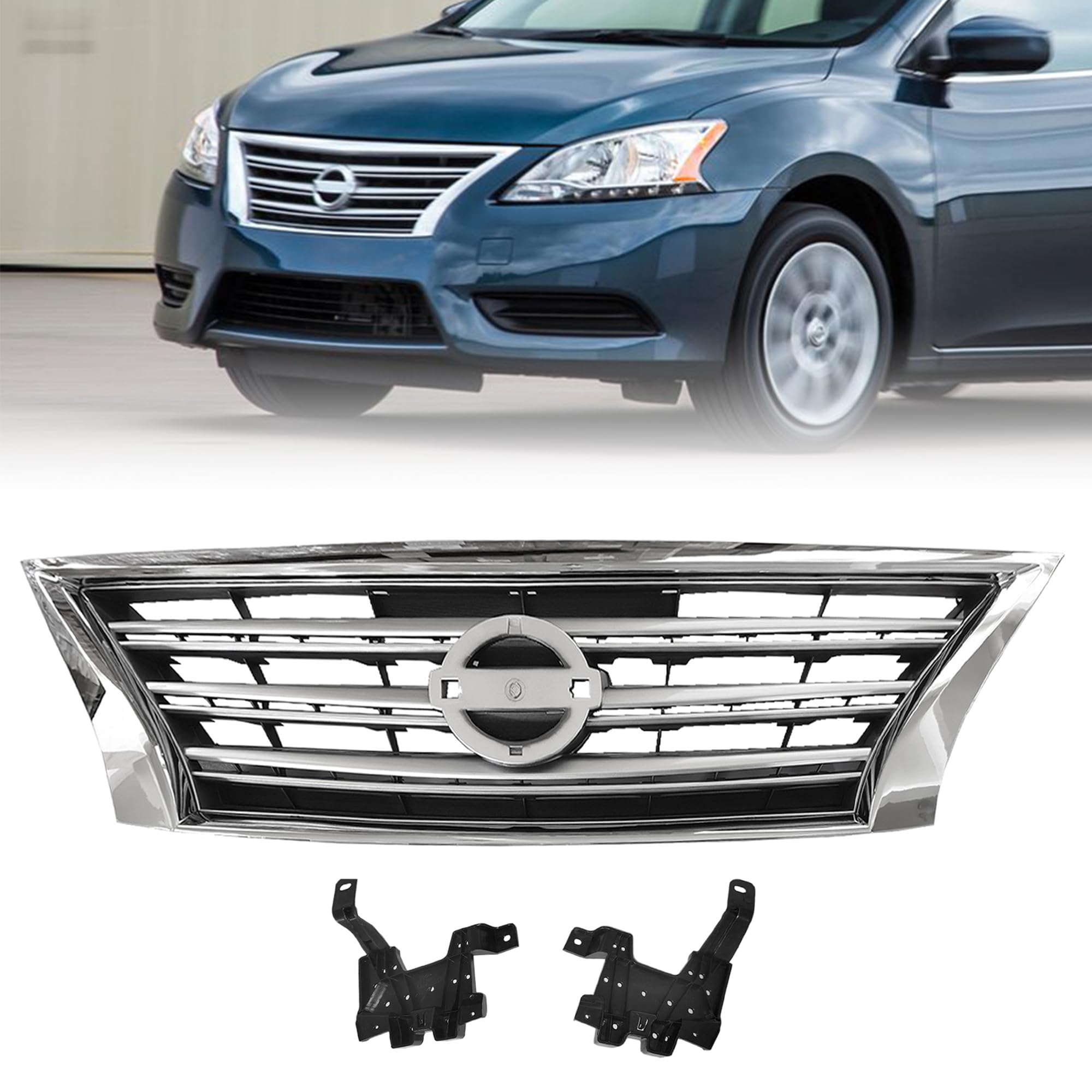 **2013-2015 Nissan Sentra Front Bumper Grille Assembly - Silver Insert & Chrome Grill (Part # NI1200252, 623103SH0A) - Perfect for Car Upgrades & Customization**    *(Use Case: Enhance your Nissan Sentra's appearance with this stylish front grille, ideal for car enthusiasts looking to upgrade their vehicle's look.)*