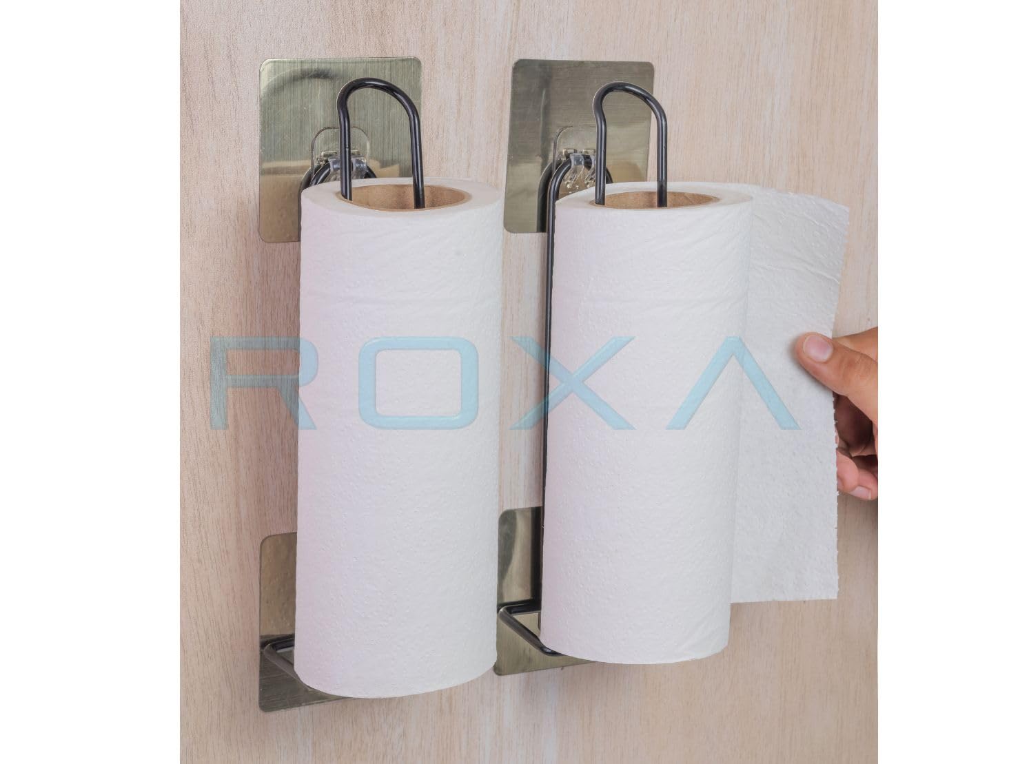 ROXA 2-Pack Stainless Steel No-Drill Self-Adhesive Paper Towel Holder - Wall Mount Kitchen & Bathroom Tissue Roll Stand for Wine Glasses, Kitchen Towels - Perfect for Home, Office, Restaurant Use