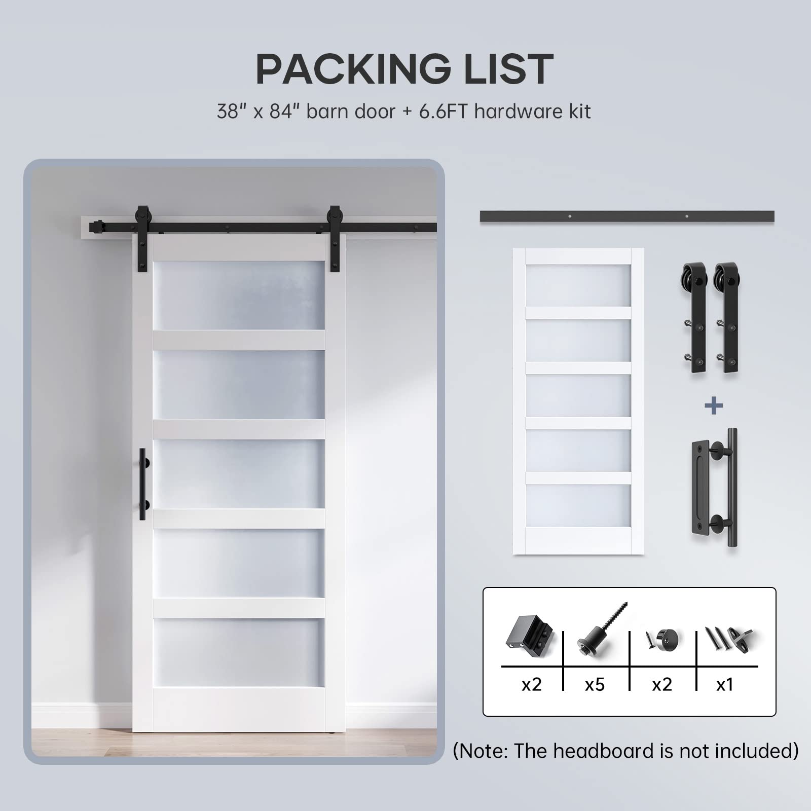 38x84 Inch Frosted Glass Sliding Barn Door with 6.6ft Hardware Kit - White Waterproof & Scratch-Resistant PVC LVL Wood Panel - Easy DIY Installation for Bedroom, Closet, or Home Office