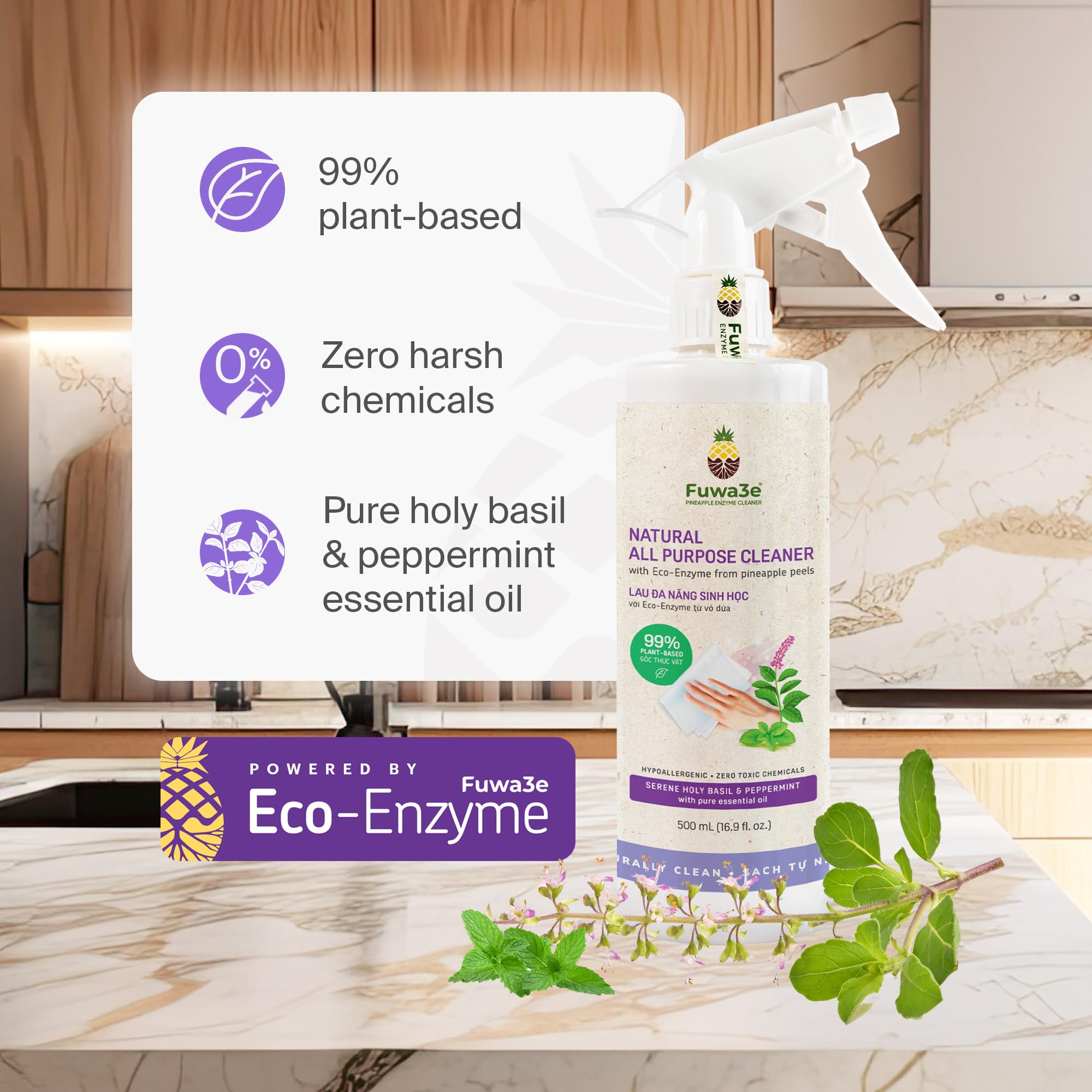 Fuwa3e Pineapple Enzyme All-Purpose Cleaner Spray - 16.9oz 3 Pack | Natural, Non-Toxic, 99% Plant-Based | Serene Holy Basil & Peppermint Scent | Made from Recycled Pineapple Peels | Perfect for Kitchen, Bathroom & Multi-Surface Cleaning