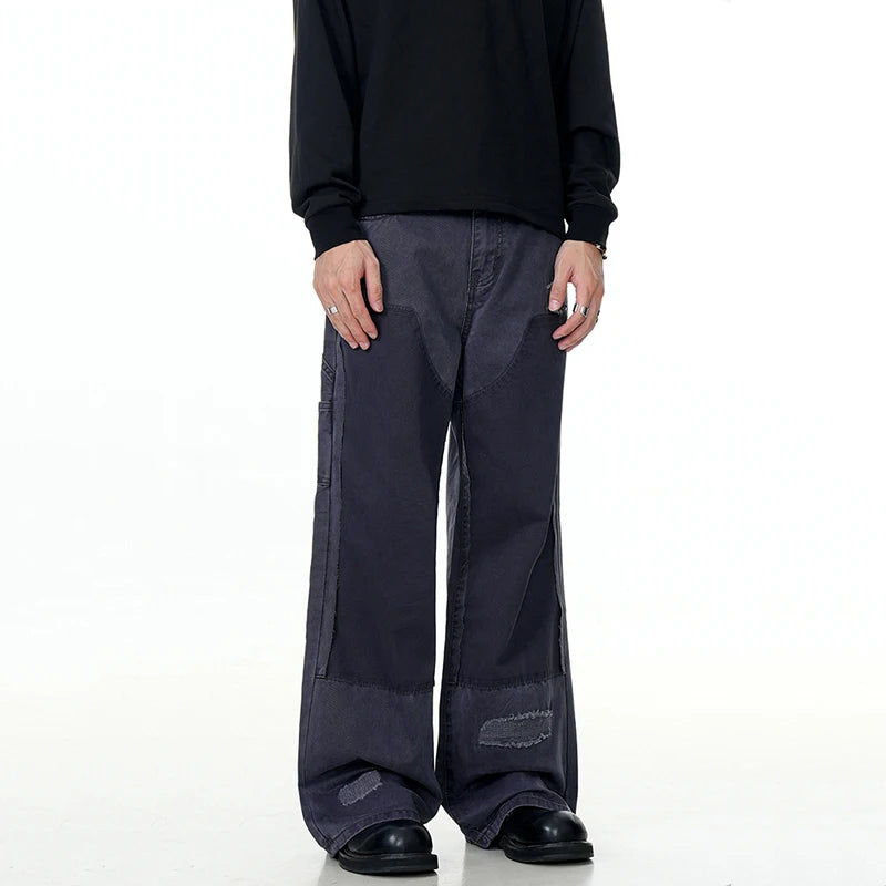 **Men's Cargo Jeans - Straight Wide Leg with Stylish Pockets | Trendy Hole & Solid Color Design | Casual Summer Bottoms for Outdoor & Streetwear | Model 9W1894**