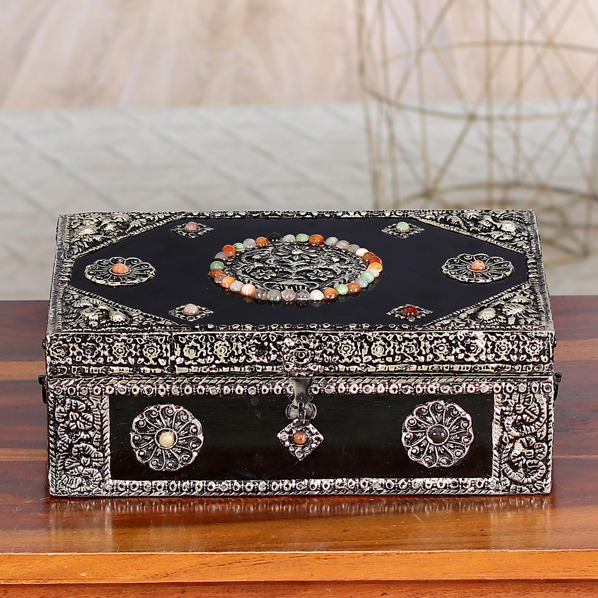 Handmade Nickel Repousse Mango Wood Jewelry Box with Glass Accents - Antique Sophisticated Gift for Women | Perfect for Jewelry Storage, Home Decor & Wedding Present