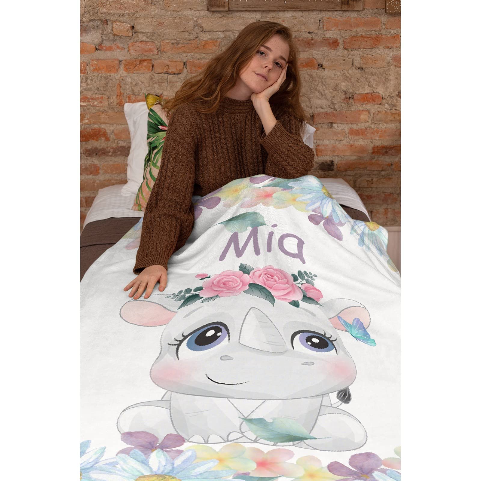 Personalized Rhinoceros Flannel Throw Blanket - Custom Name Blanket for Kids, Family, Birthday & Wedding Gift - 50