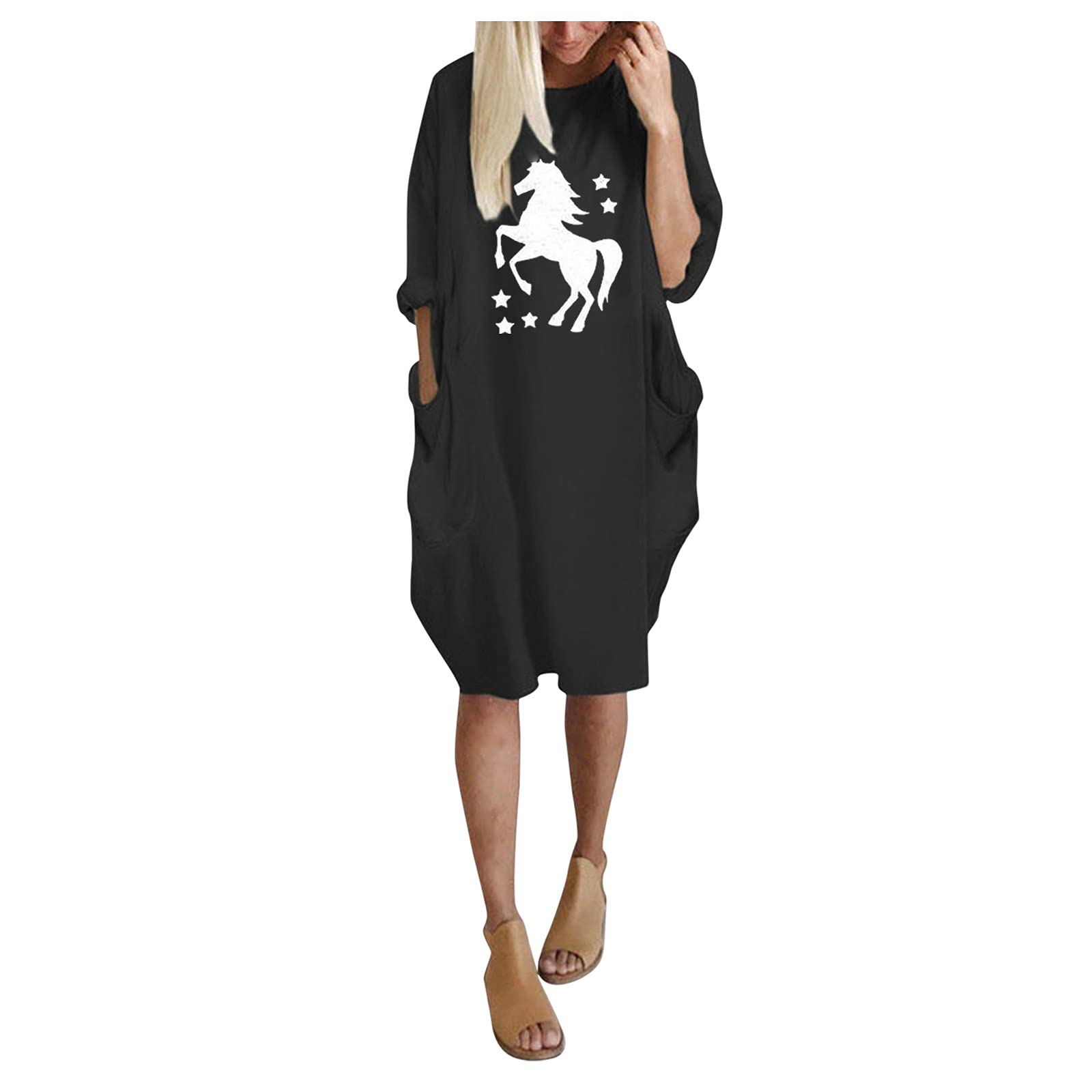 Women's Plus Size Long Sleeve Mini Dress with Pockets - Fashion Printed Pullover Tunic for Casual Wear, Work & Date Night Outfits