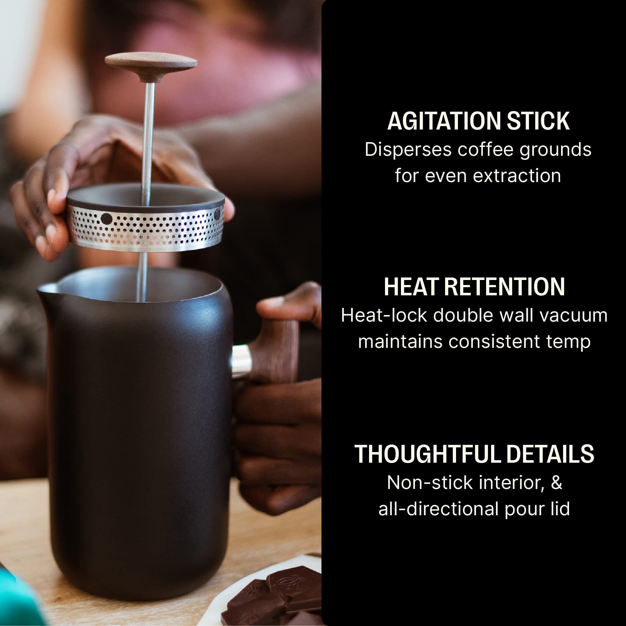 Fellow Clara French Press Coffee Maker - Stainless Steel Insulated Manual Coffee Brewer, 24 oz Portable Carafe, Matte Black with Walnut - Perfect for Home, Office & Travel Coffee Brewing