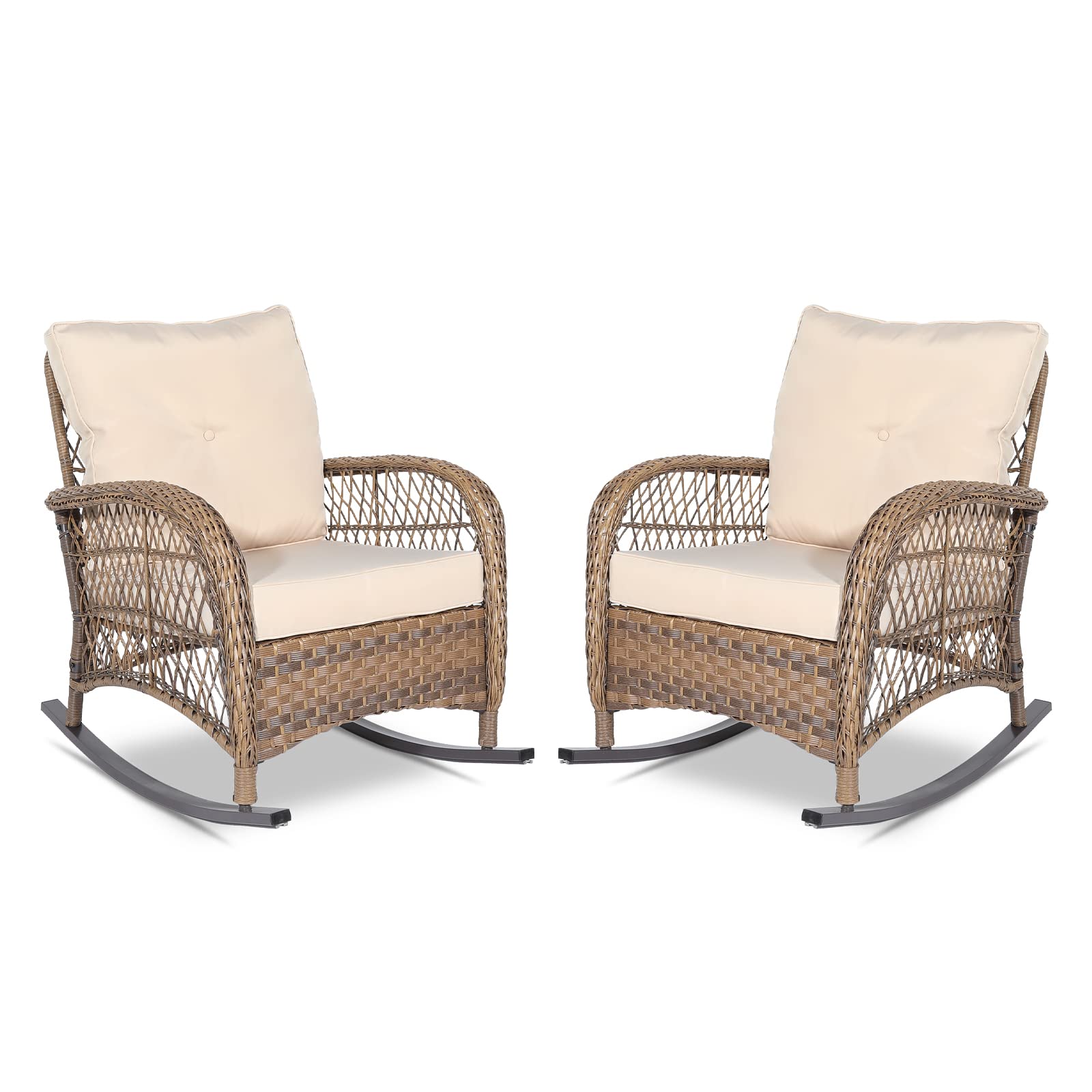 VIVIJASON 2-Piece All-Weather Wicker Rattan Rocking Chair Set with Cushions & Steel Frame - Outdoor Patio Furniture for Garden, Backyard, Porch, Poolside (Beige) - Perfect for Relaxing, Sunbathing & Entertaining Guests