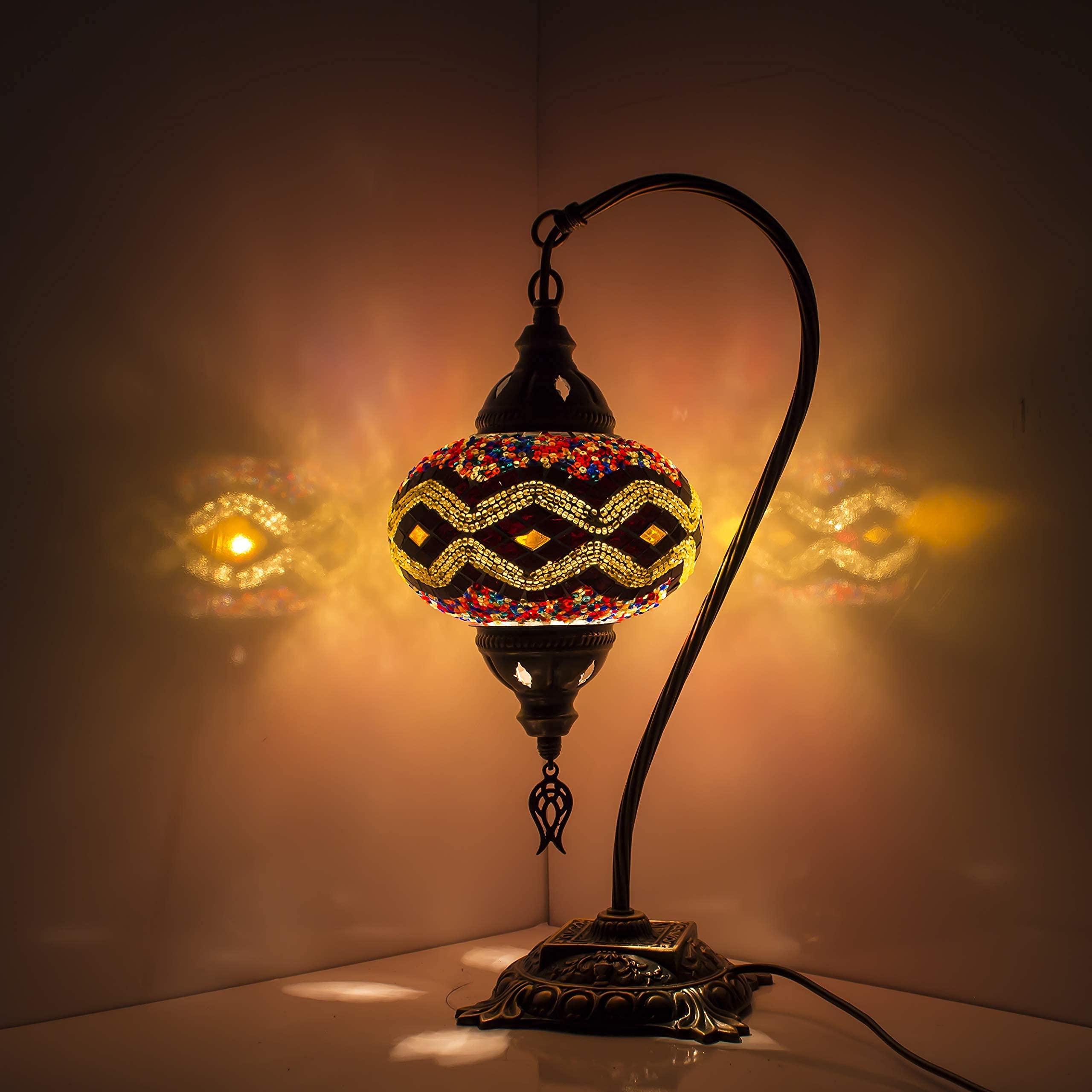 Handmade Turkish Mosaic Table Lamp - 20 Styles Rustic Moroccan Swan Neck Stained Glass Lamp with LED Bulb - Perfect for Living Room, Bedroom, or Office Decor