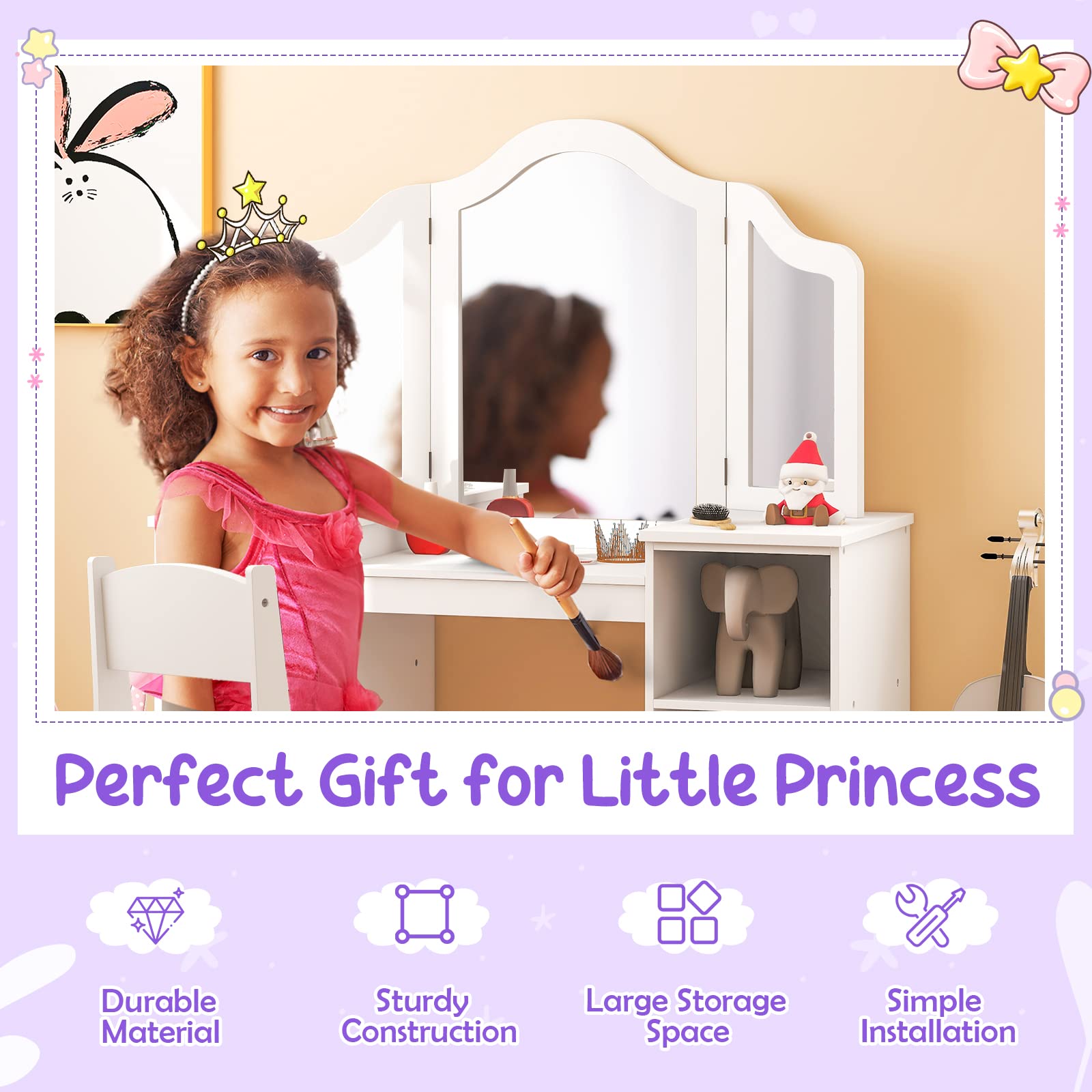 Costzon Kids Vanity Set with Mirror & Storage - White Princess Makeup Desk for Girls Playroom