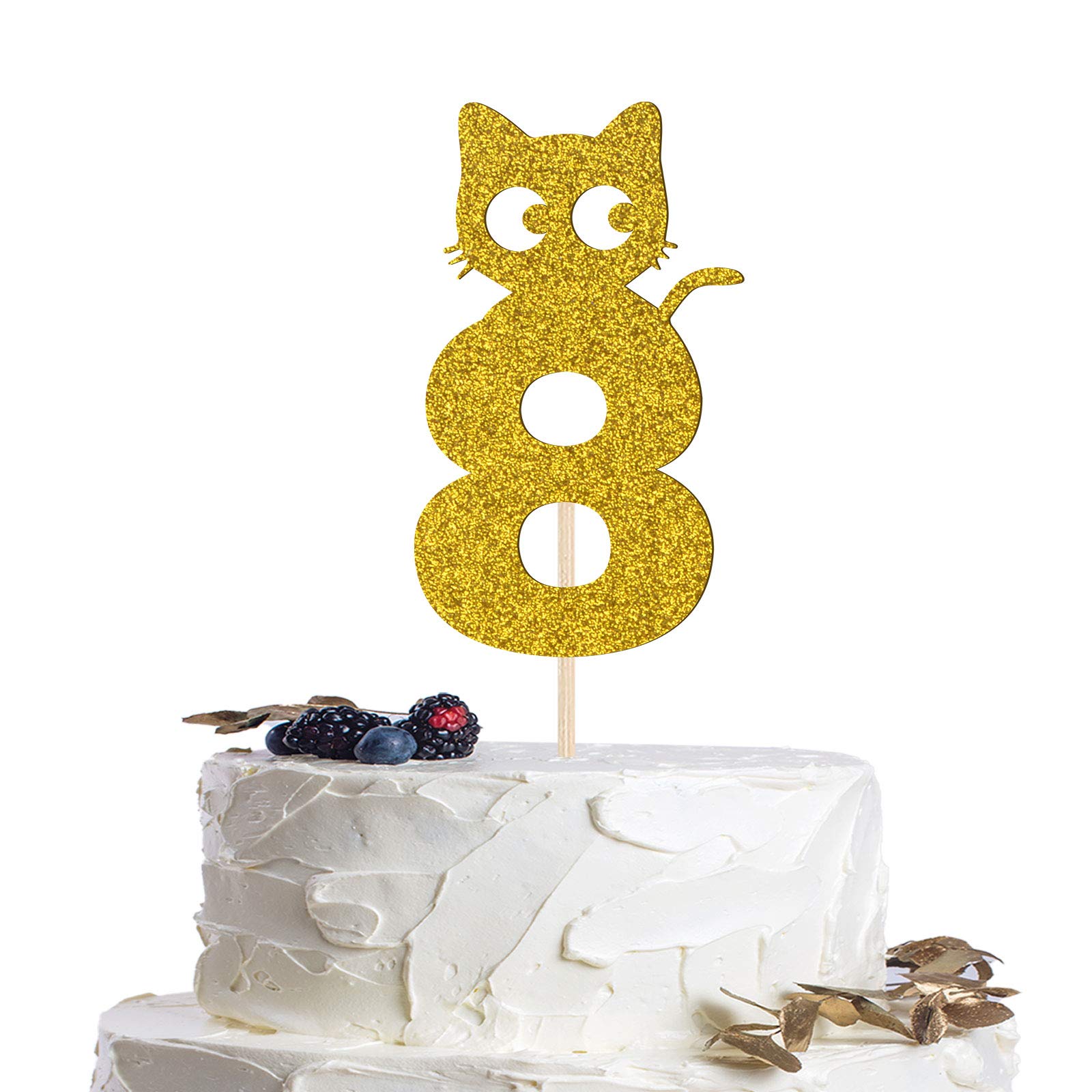 Gold 8th Birthday Cat Cake Toppers - Cartoon Cat Food Picks for Girls & Boys | 8 Years Old Cake Decorations for Baby Showers, Kids & Pet Birthday Parties | Perfect for Birthday Cakes, Cupcakes & Dessert Tables