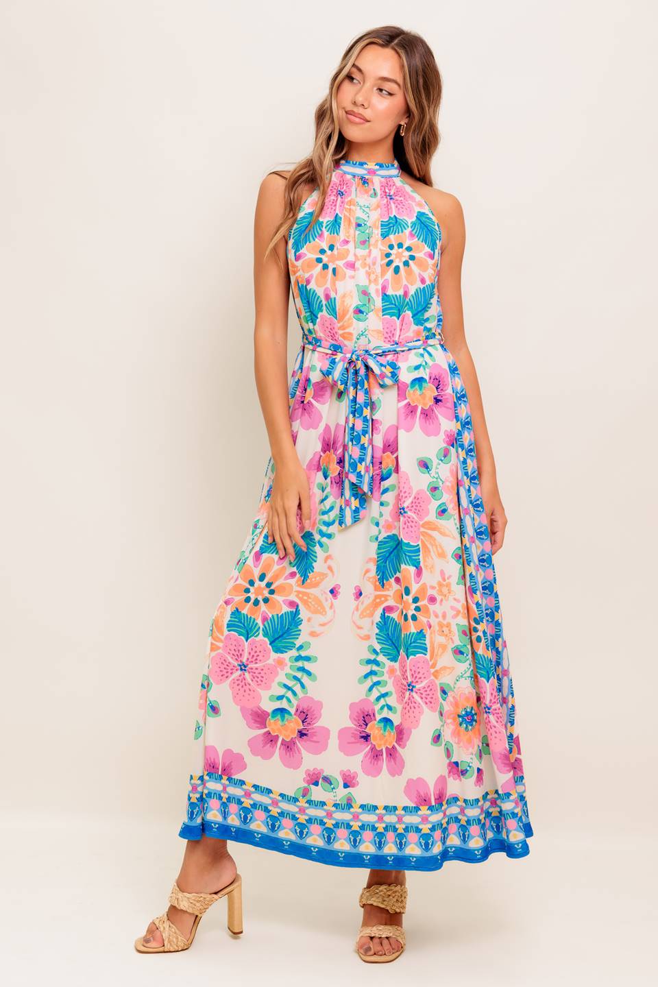 ELARA Floral Halter Maxi Dress for Women - Elegant Summer Beach Wedding Party Outfit - Perfect for Vacations, Date Nights & Special Occasions