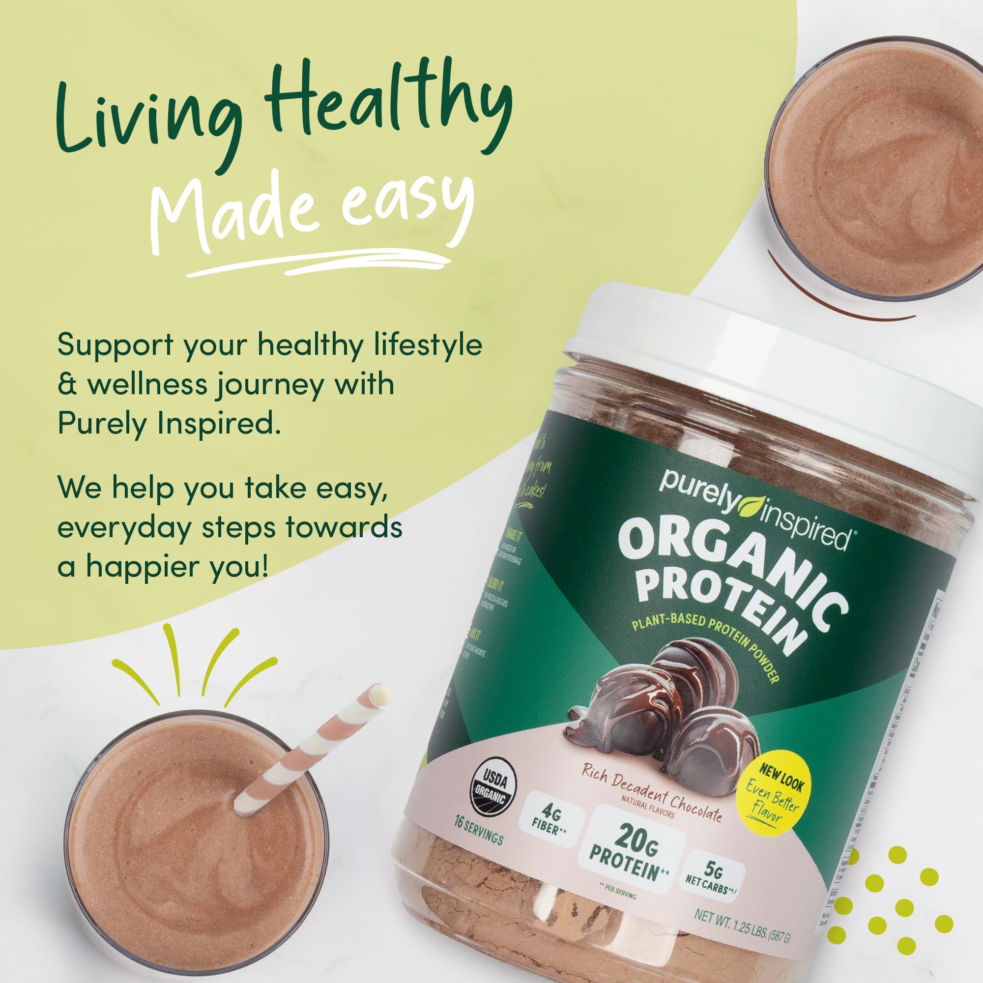 Purely Inspired Organic Vegan Plant-Based Protein Powder for Men & Women - Rich Decadent Chocolate Flavor (16 Servings, 20g Pea Protein) - Dairy-Free, Gluten-Free Protein Powder for Smoothies, Shakes & Post-Workout Recovery - Perfect for Fitness Enthusiasts & Healthy Lifestyle