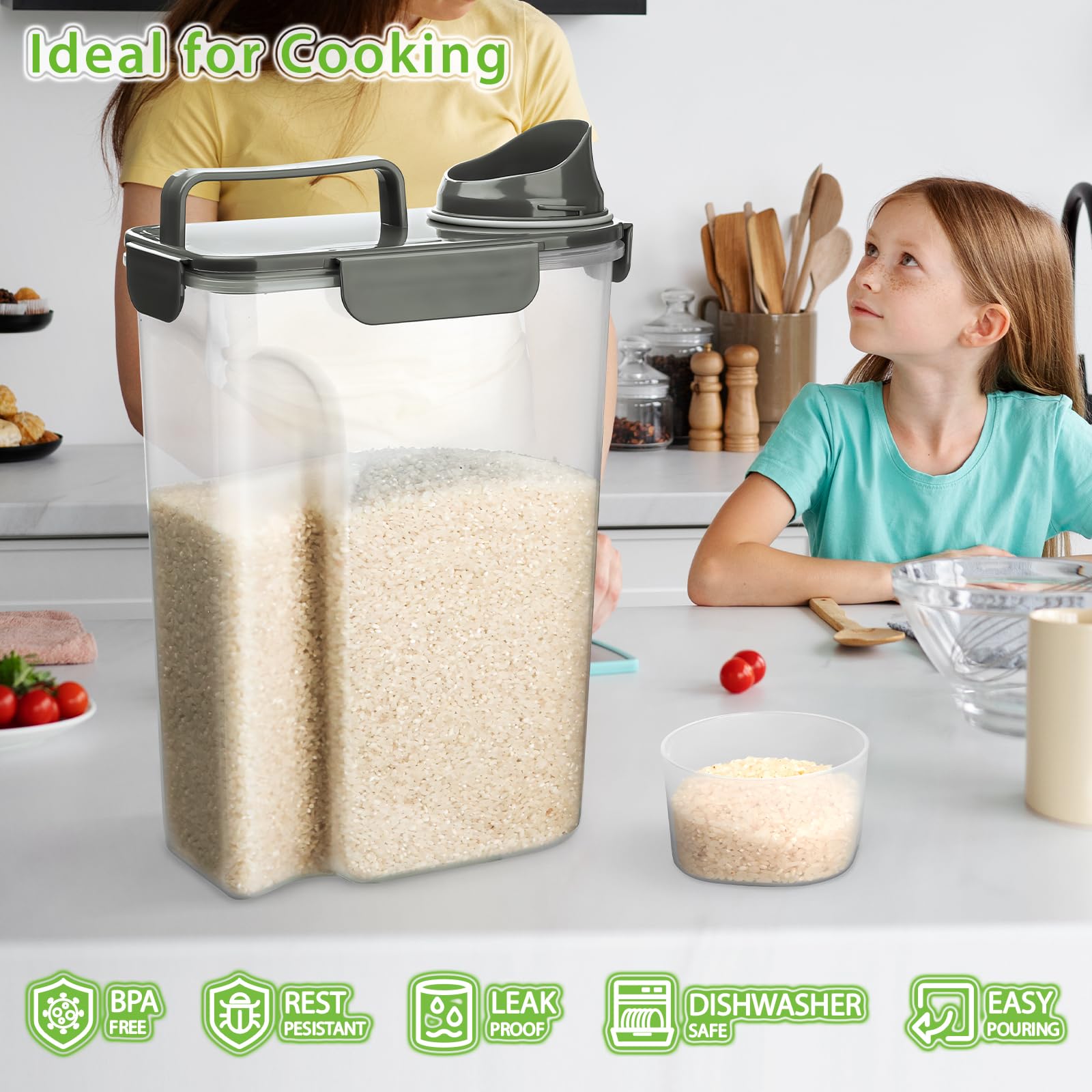 5-10lb Airtight Rice Storage Container - BPA Free Clear Plastic Food Dispenser for Kitchen & Pantry Organization - Ideal for Dry Foods Like Rice, Oatmeal, Cereal, Pasta, Flour - Perfect for Pet Food Storage & Bulk Food Preservation