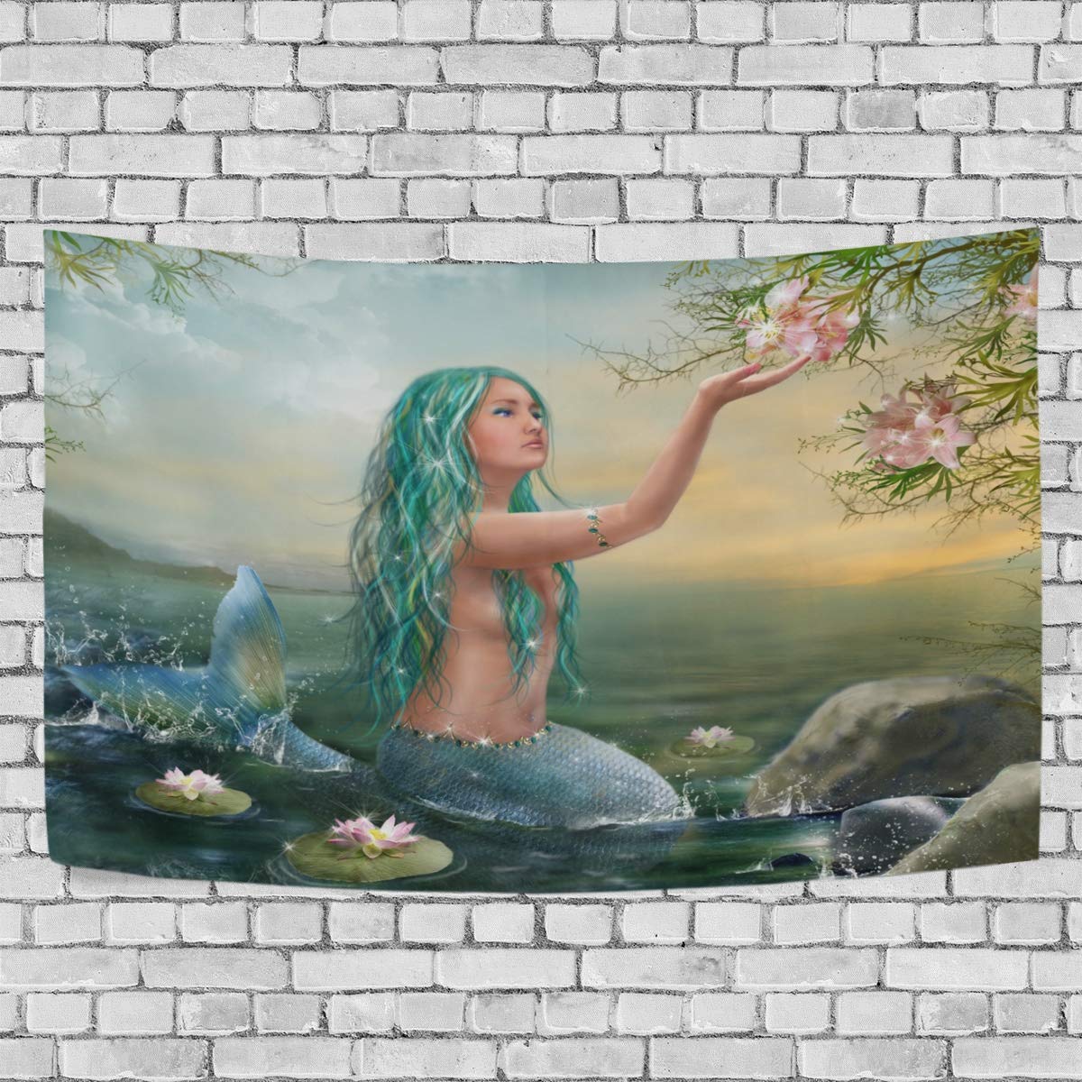 OPRINT Mermaid in The Sunset with Green Hair Tapestry - 60 x 40 Inch Wall Hanging Decor for Bedroom, Living Room & Dorm | Boho Beach Theme Home Decor | Perfect for Beach House, Teen Room & Festival Decor