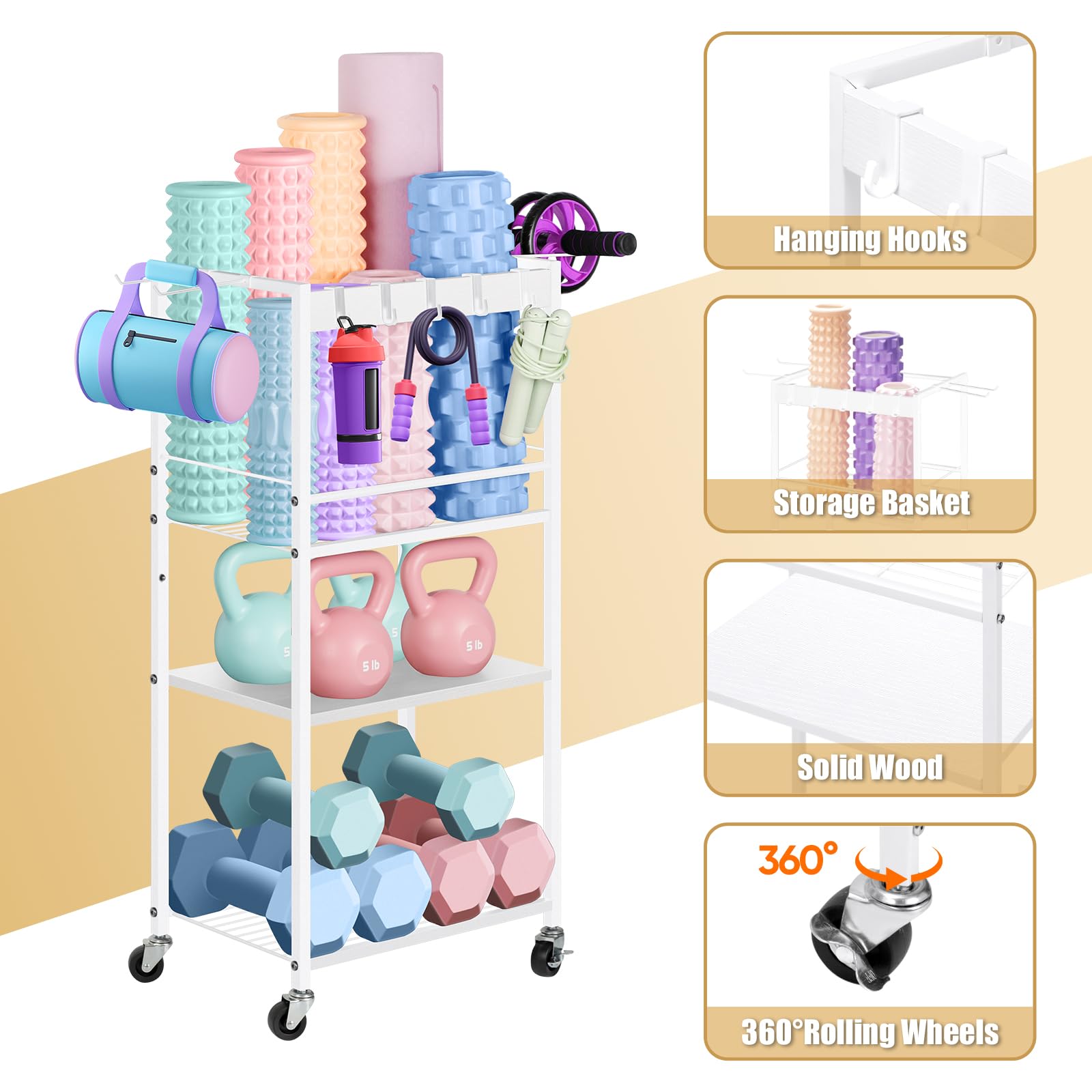 Home Gym Storage Rack with Wheels & Hooks - Yoga Mat Organizer for Dumbbells, Kettlebells, Resistance Bands & Foam Rollers - Space-Saving Workout Equipment Shelf for Yoga Ball Storage - Perfect for Home Gym, Garage & Small Fitness Spaces