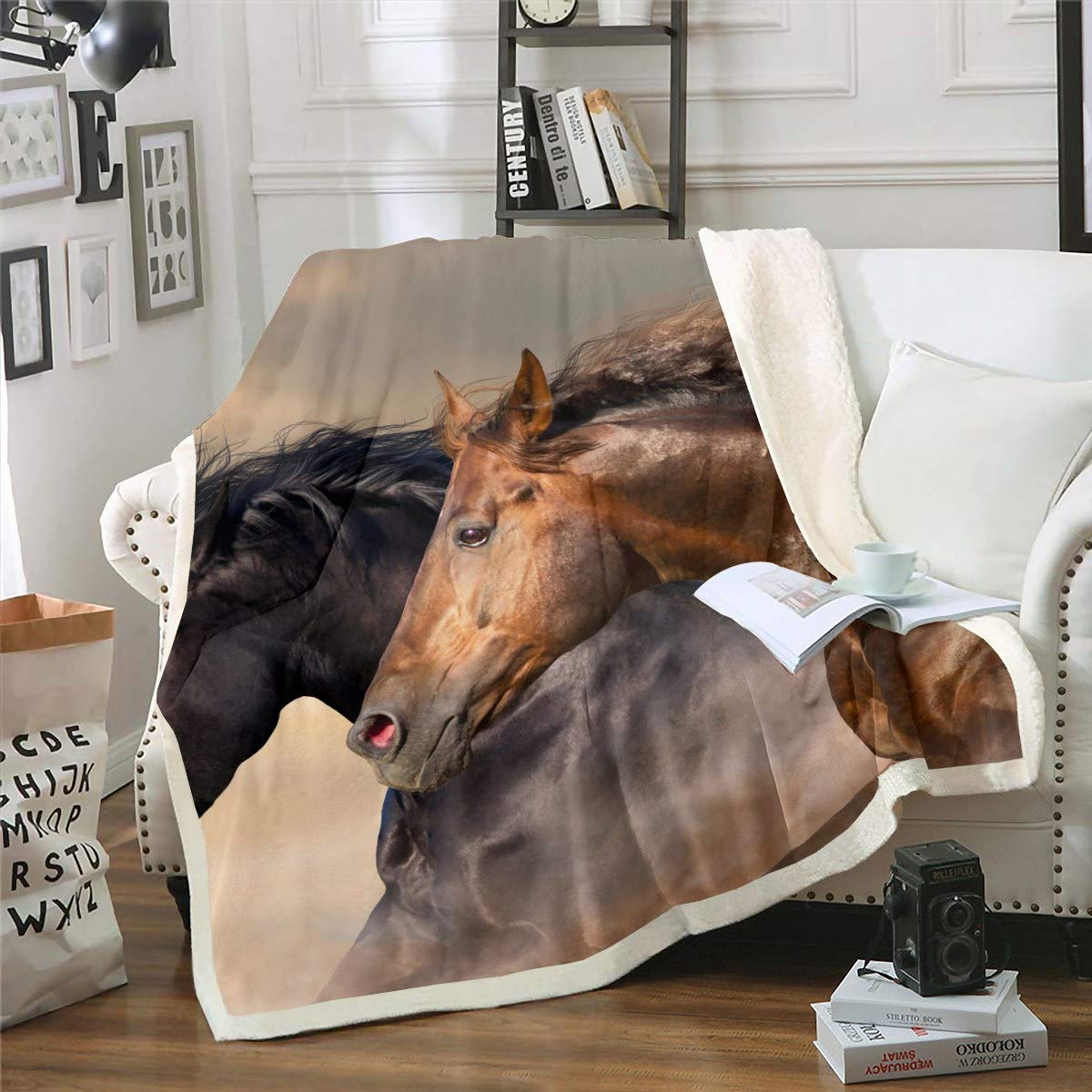 Galloping Horse Printed 3D Sherpa Fleece Blanket - Ultra Soft Brown Plush Throw with Wild Animal Pattern for Sofa & Couch - 60