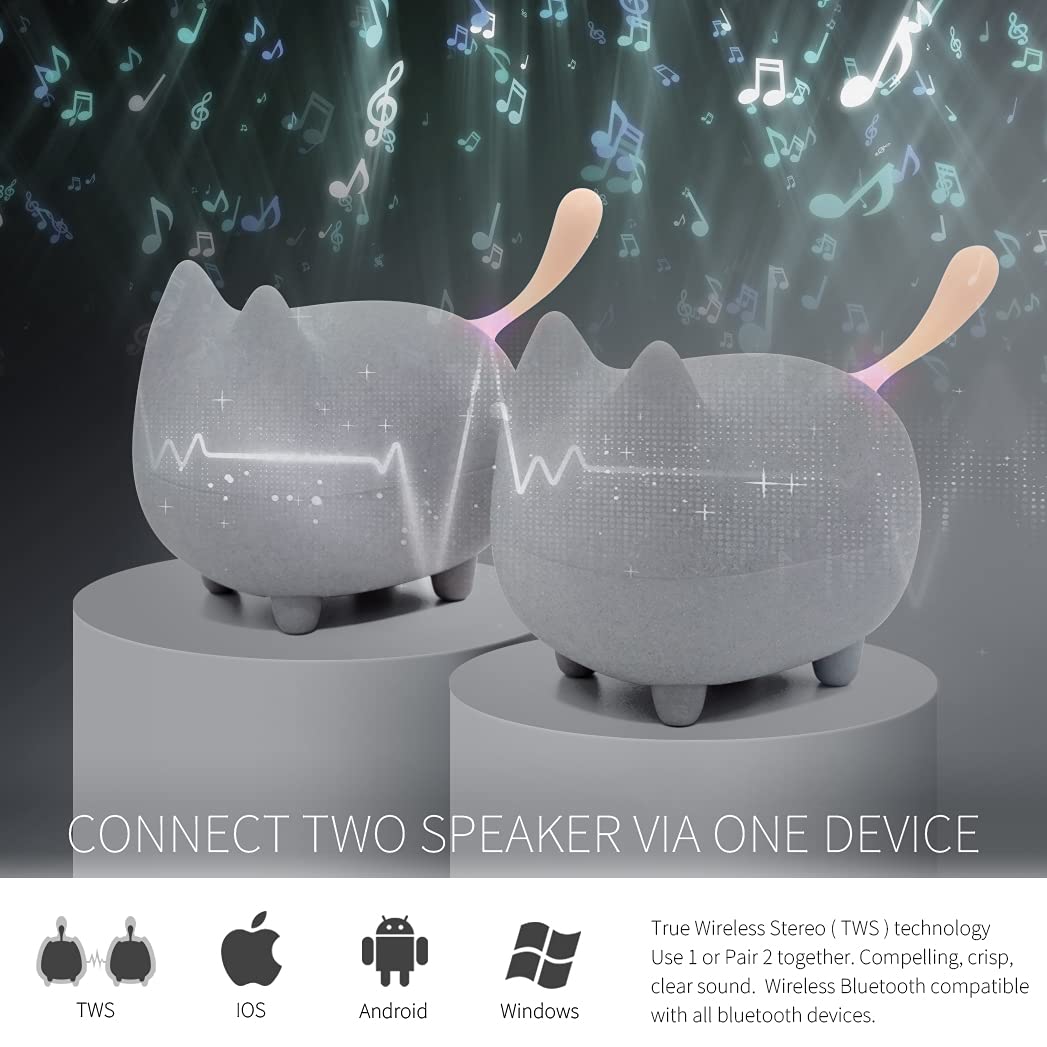 2Pack Gingo TWS Portable Bluetooth Speakers - Mini Wireless Stereo Speakers with Built-in Mic, Super Bass & Rich Room-Filling Sound for Home, Party, Travel - Cute Pet Design (Grey)