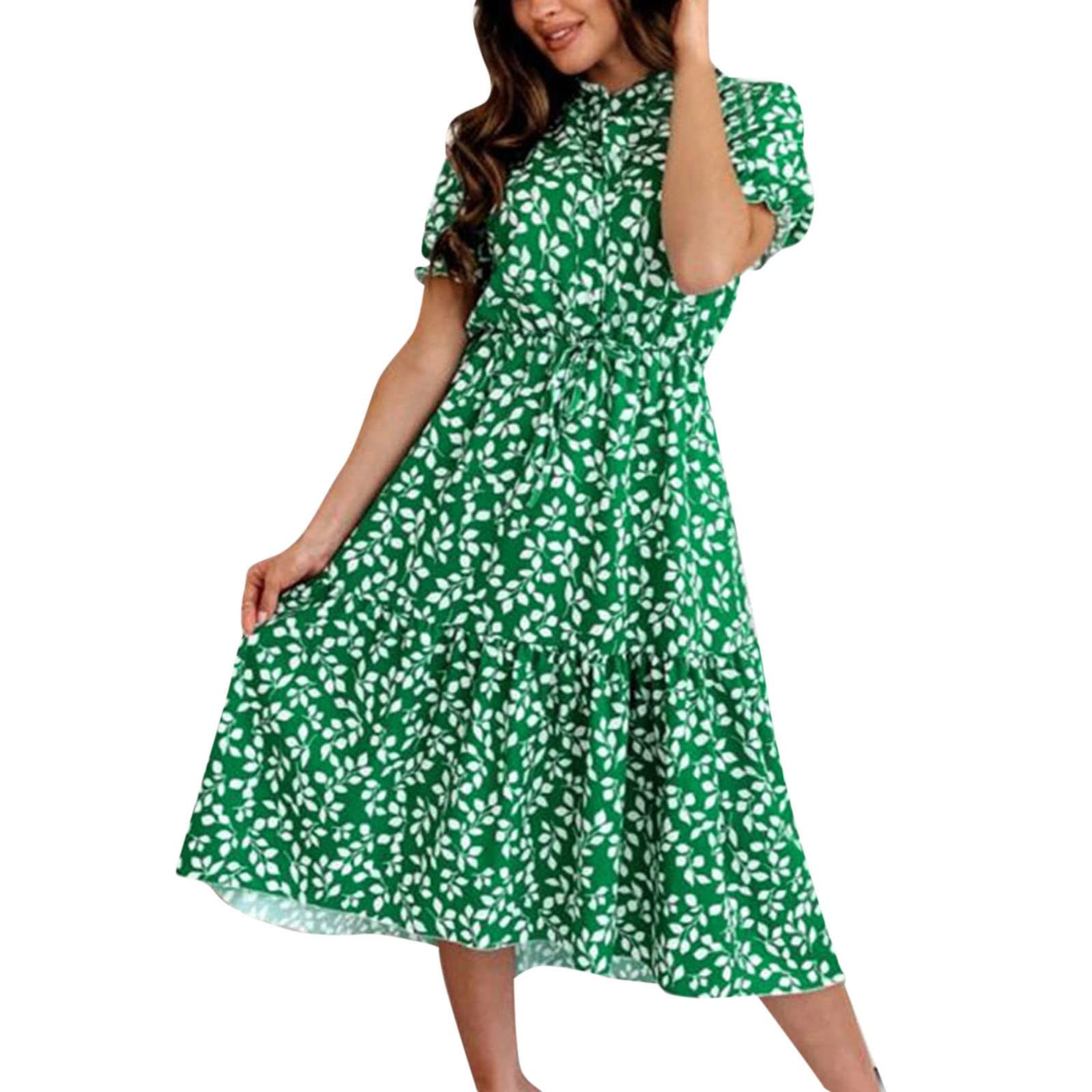 Lethez Women's Summer Ruffle Puff Sleeve Dress - Short Sleeve Stand Collar High Waist Casual Sundress | Perfect for Beach Vacations, Brunch Dates & Summer Parties