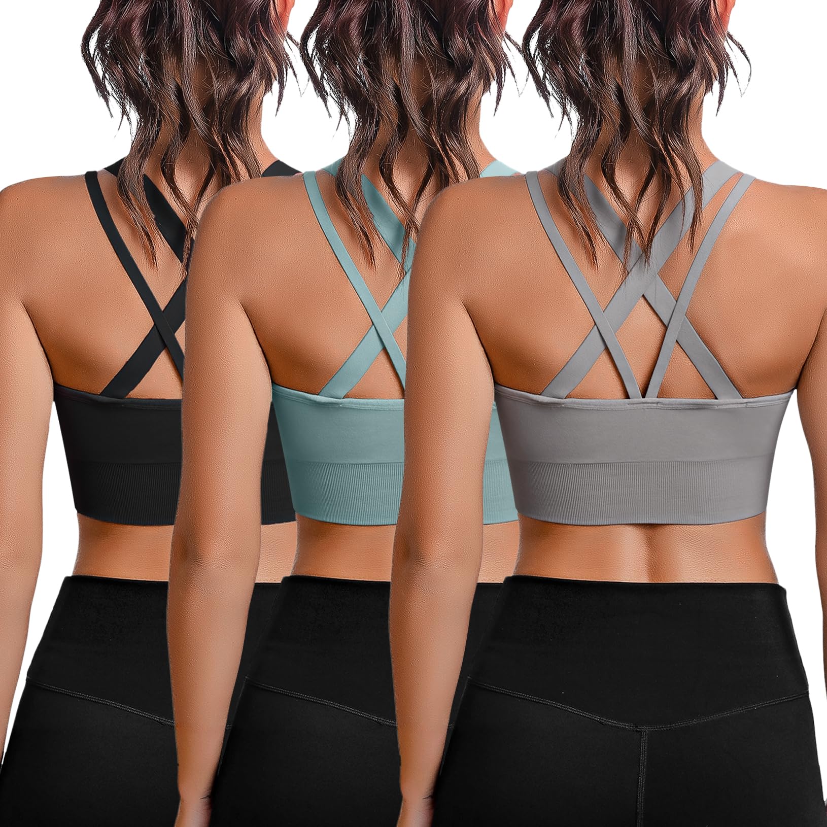 Sykooria Women's 3 Pack High Support Sports Bras - Strappy Cross Back Padded Workout Running Yoga Gym Bra for Active Lifestyles | Perfect for Running, Yoga, Gym & High-Intensity Training