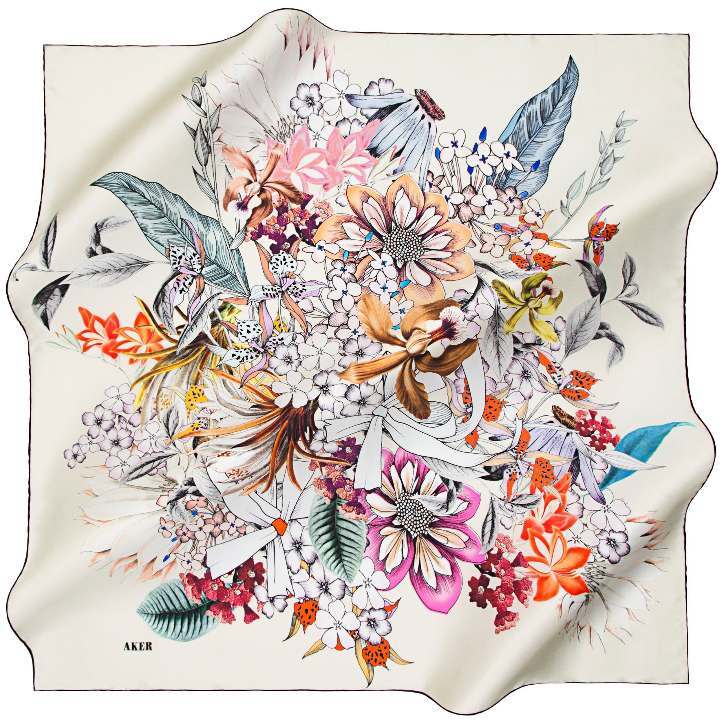 Aker Floral Delight Silk Twill Scarf No. 12 - Luxury Womens Fashion Accessory for Office, Party & Travel - Elegant Gift for Her