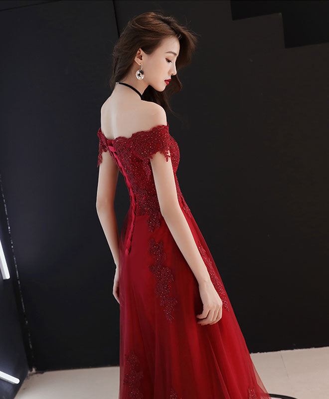 Elegant Burgundy Tulle Off-Shoulder Lace Tea-Length Prom Dress for Evening Gala | Formal Dance, Homecoming, Wedding Guest Outfit